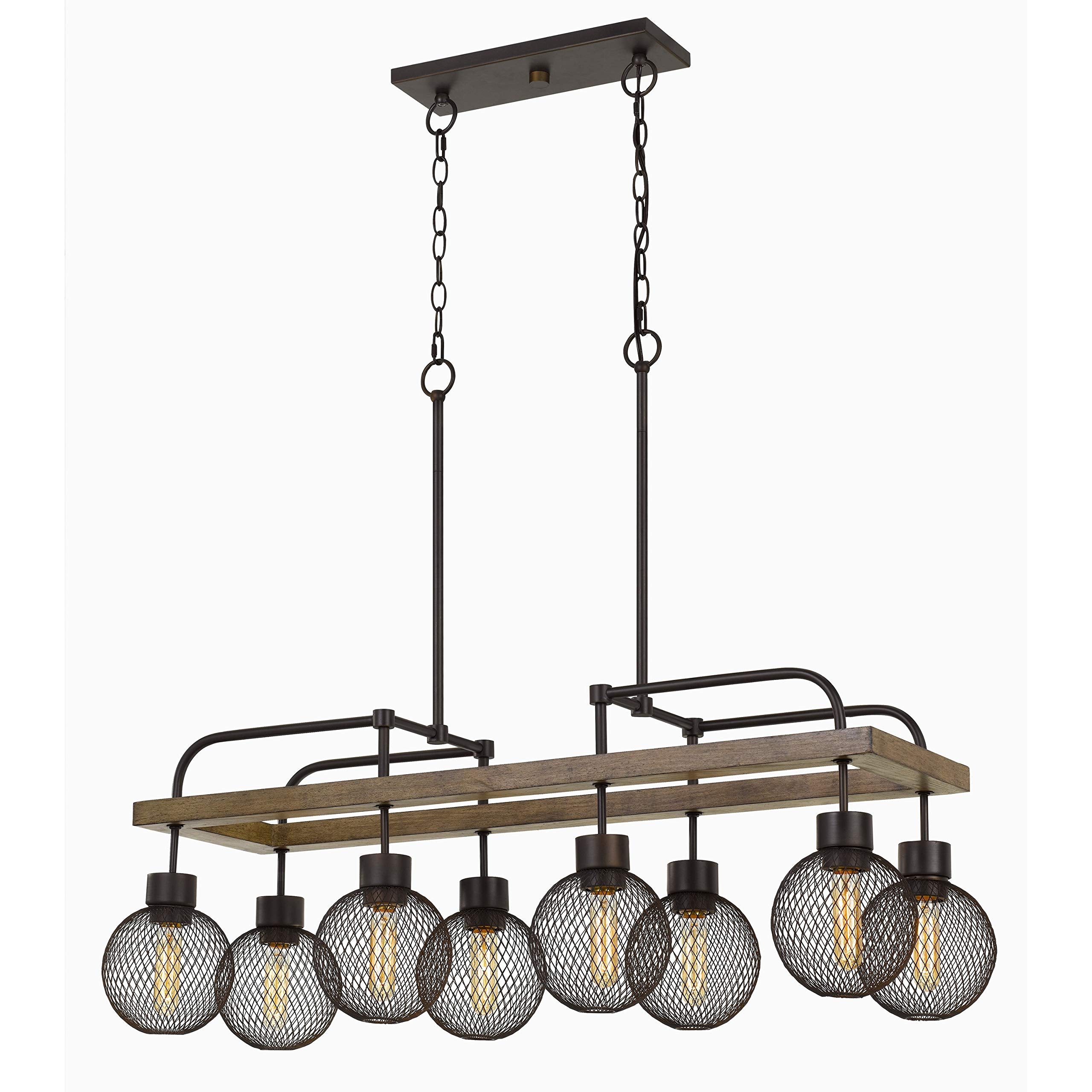 Benjara 8 Bulb Chandelier With Wooden Frame And Metal Orb Shades, Brown And Black