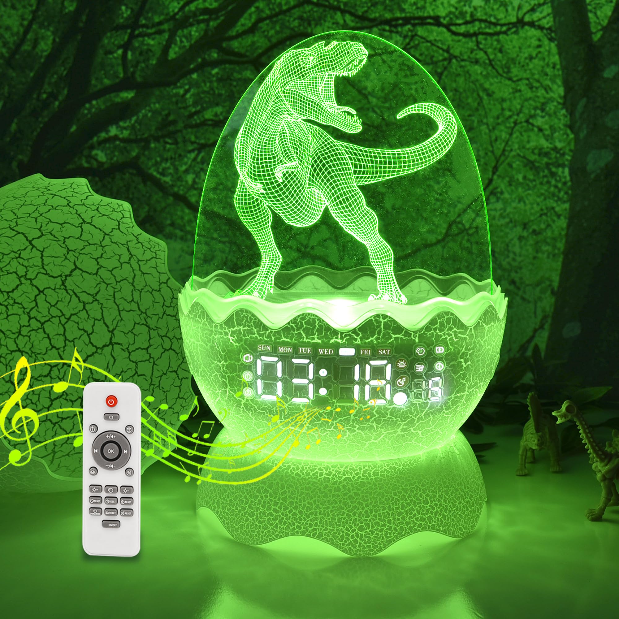 Childrenlive Dinosaur Egg Night Light with Alarm Clock, Bluetooth Speaker, 16-Color LED, Multicolor, Model QX006