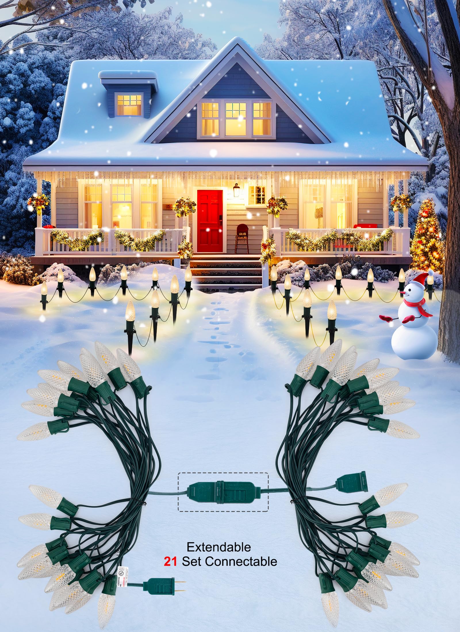 C9 Christmas String Lights Outdoor - 20 Led Pathway Light With Strawberry Shell And Stake Connectable Warm White High Voltage Wa