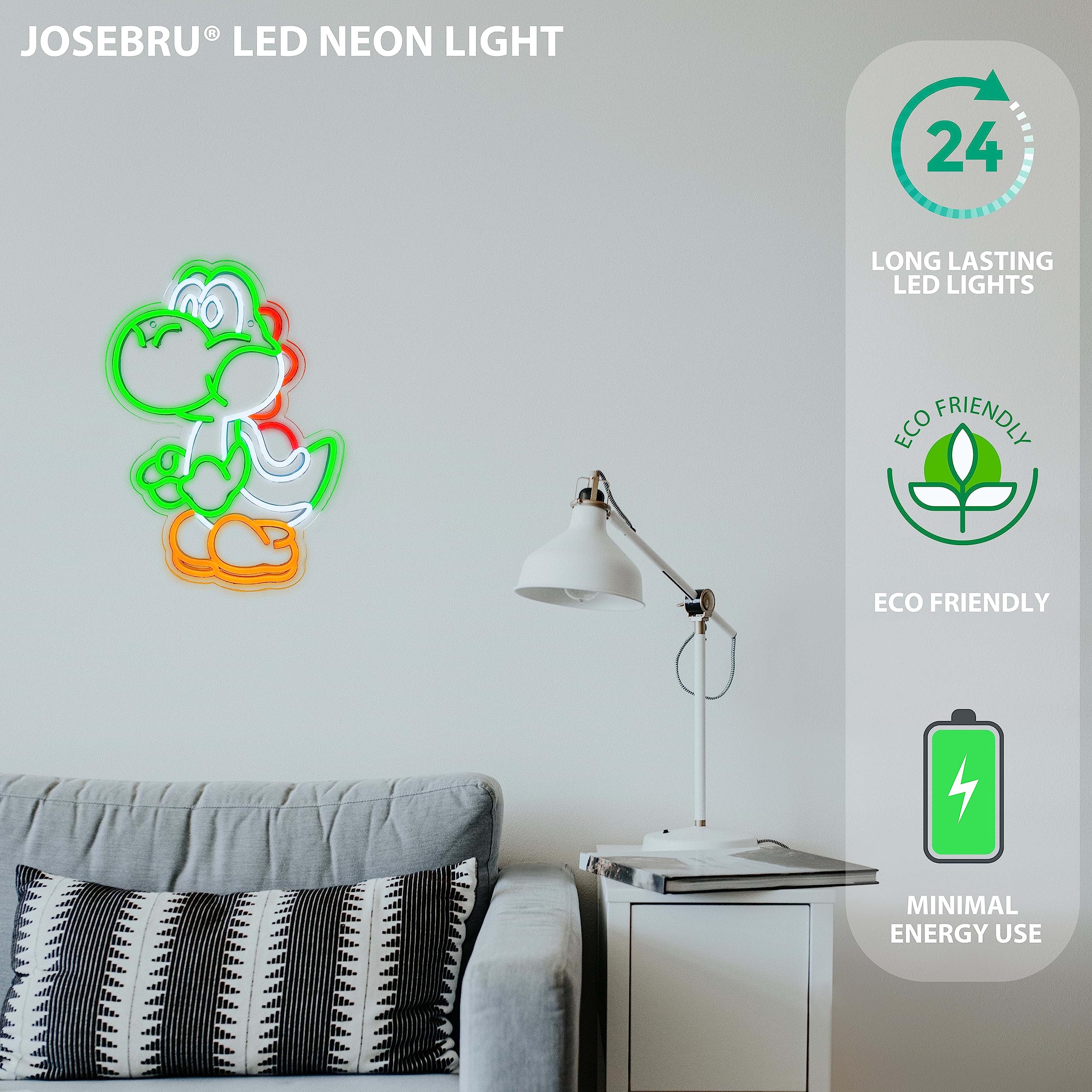 JOSEBRU Neon Sign - Dimmable LED Dinosaurs Wall Decor, 16.9" x 12.4", Acrylic, Multicolors, Standing Yoshi for Kids & Game Rooms