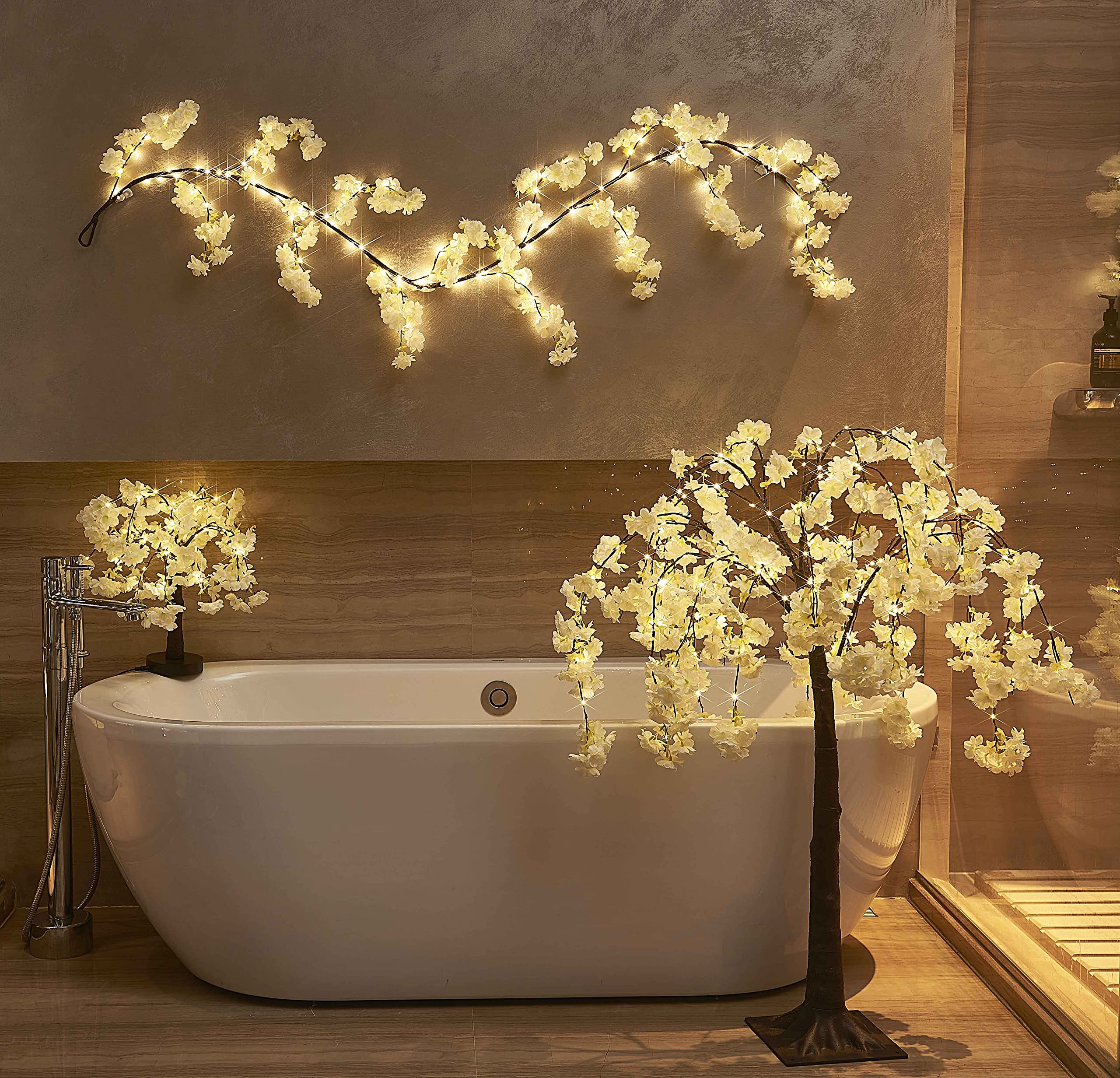Hairui Lighted Garland - 6FT White Cherry Blossom Fairy Lights, Battery Operated, Timer for Home Decoration, Wedding, Party