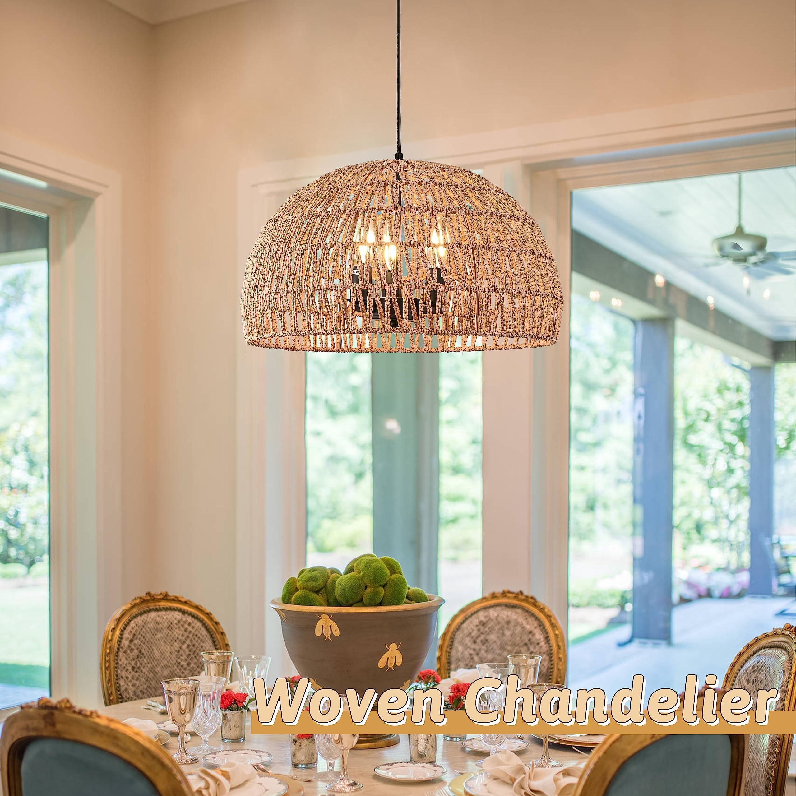 Ayshwilldec 17.6&quot; Hemp Rope Woven Pendant Light - 3-Light Boho Rattan Chandelier For Dining Room