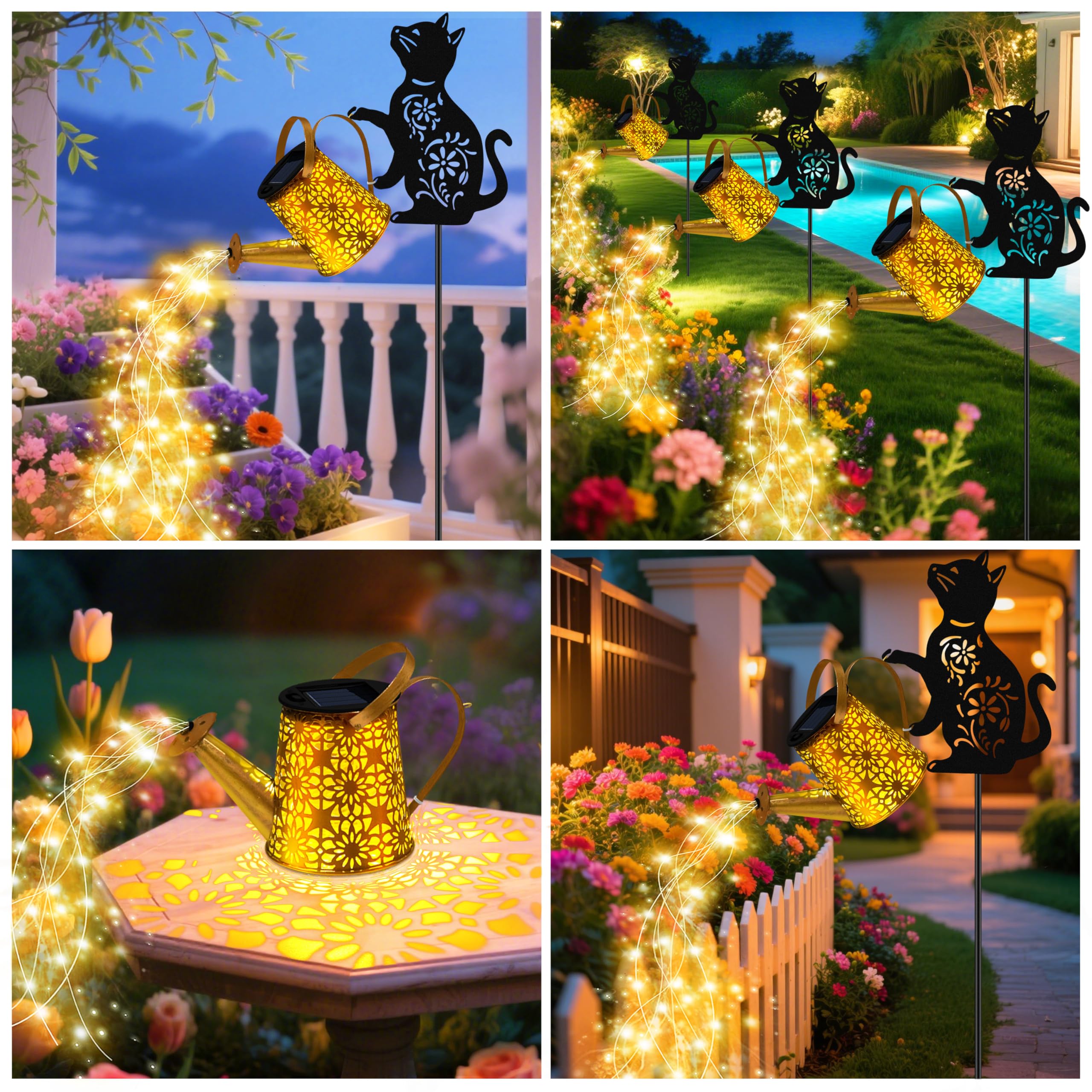 yulloyello Solar Watering Can Lights - Waterproof Cat Lantern for Garden Decor, Model XSH6546, Perfect Gift for Cat Lovers