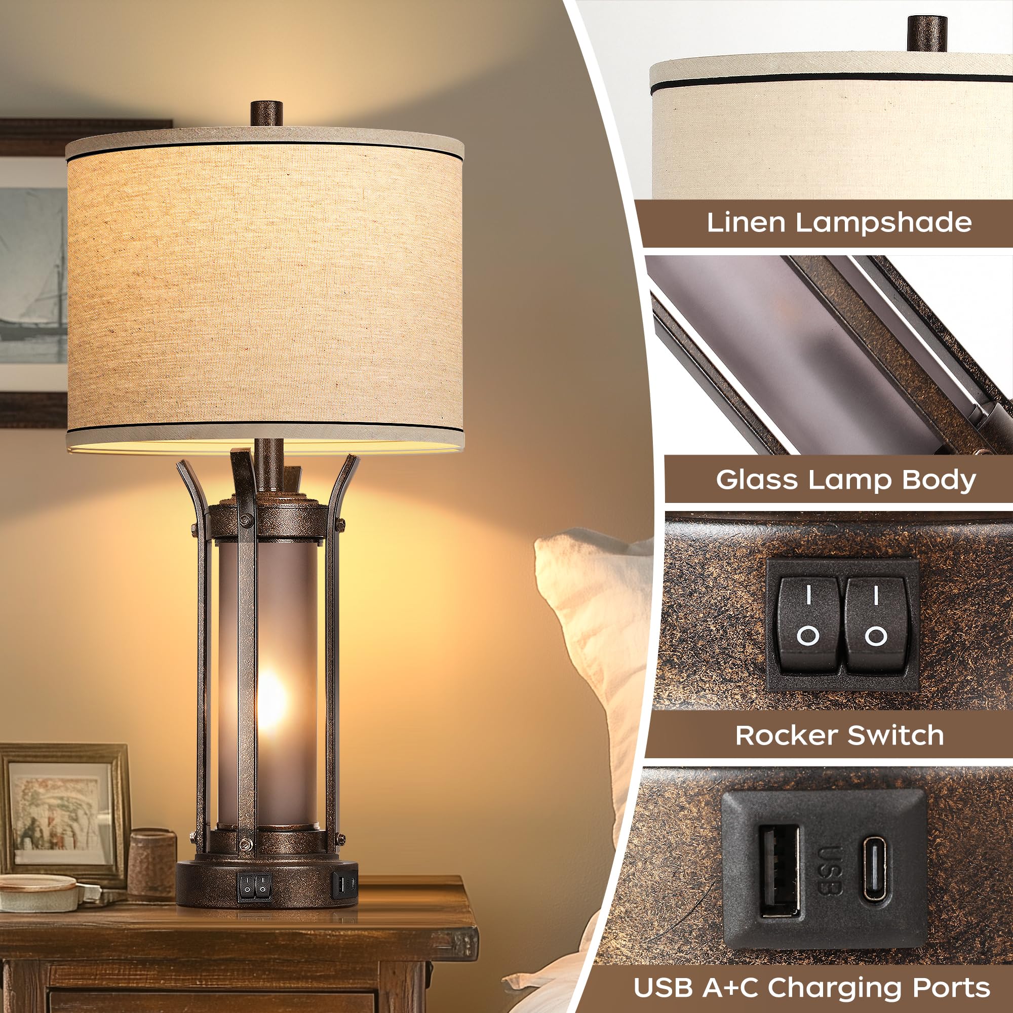 QiMH Rustic Farmhouse Table Lamps with USB Charging Ports, Frosted Glass Night Light, Bronze Finish, 4 Bulbs Included, Model STR-DL-0199