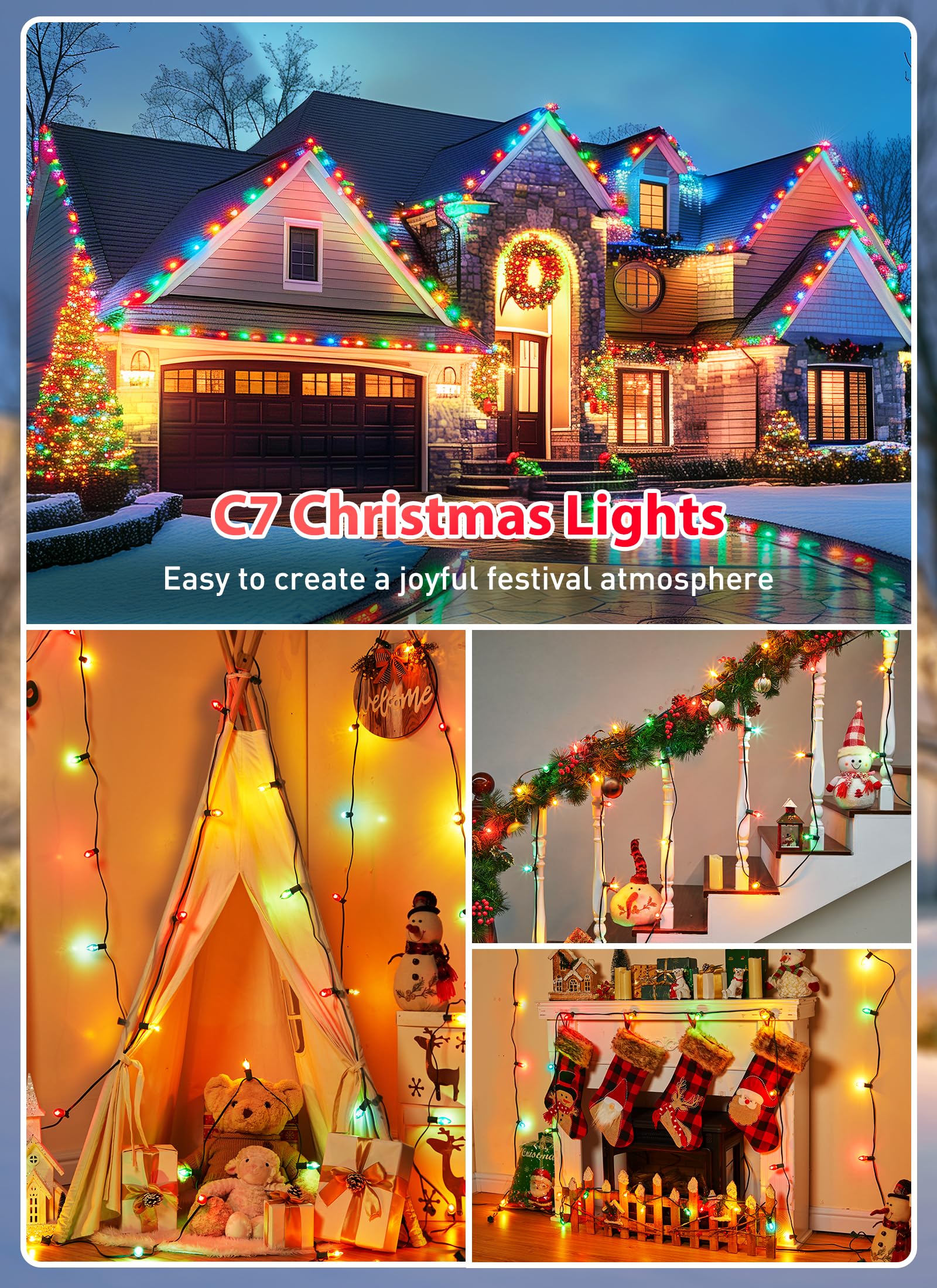 Minetom C7 Christmas String Lights - 50ft 2 Pack, Multicolor, Outdoor Indoor, Vintage Style, Model GYPC-O505BU