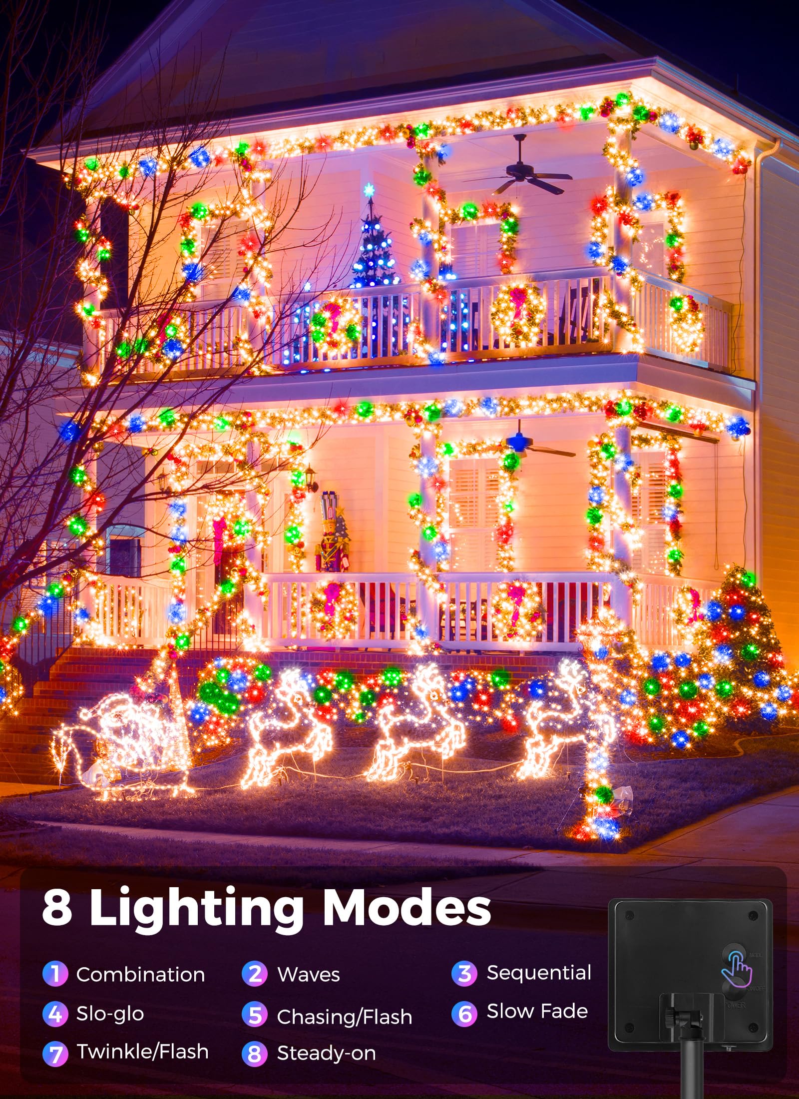 Brightown Solar String Lights, 200LED Multicolor, 72Ft Each, 2 Pack, Waterproof, 8 Modes, Green Wire, Outdoor Christmas Decor