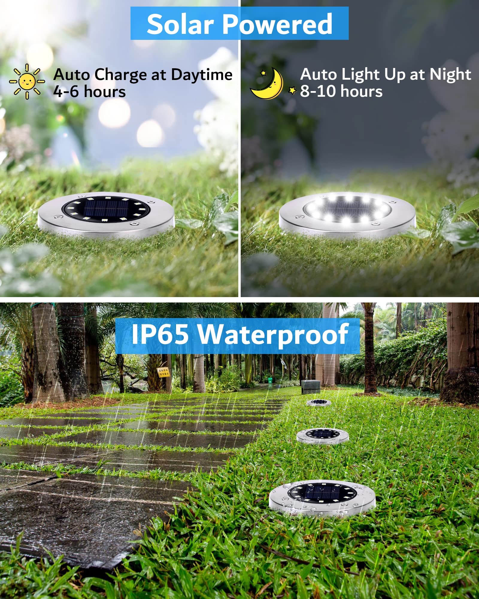 Biling Solar Ground Lights, 12 LEDs Waterproof, 8 Pack, Stainless Steel, White