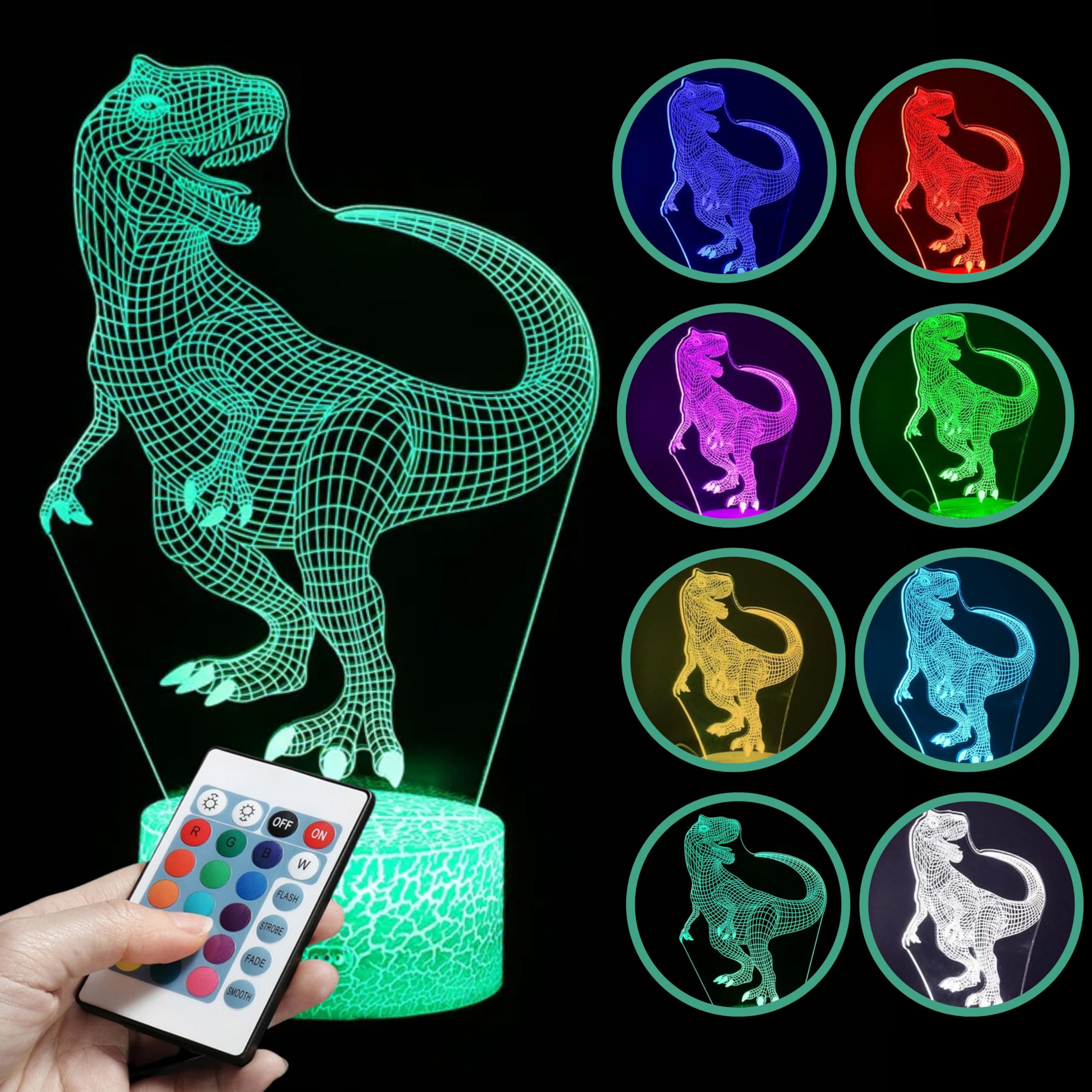 Dinosaur Night Light 3D Illusion - Dinosaur Nightlight for Boys Girls with 16 Color Changing LED Dino Light Acrylic Night Light 