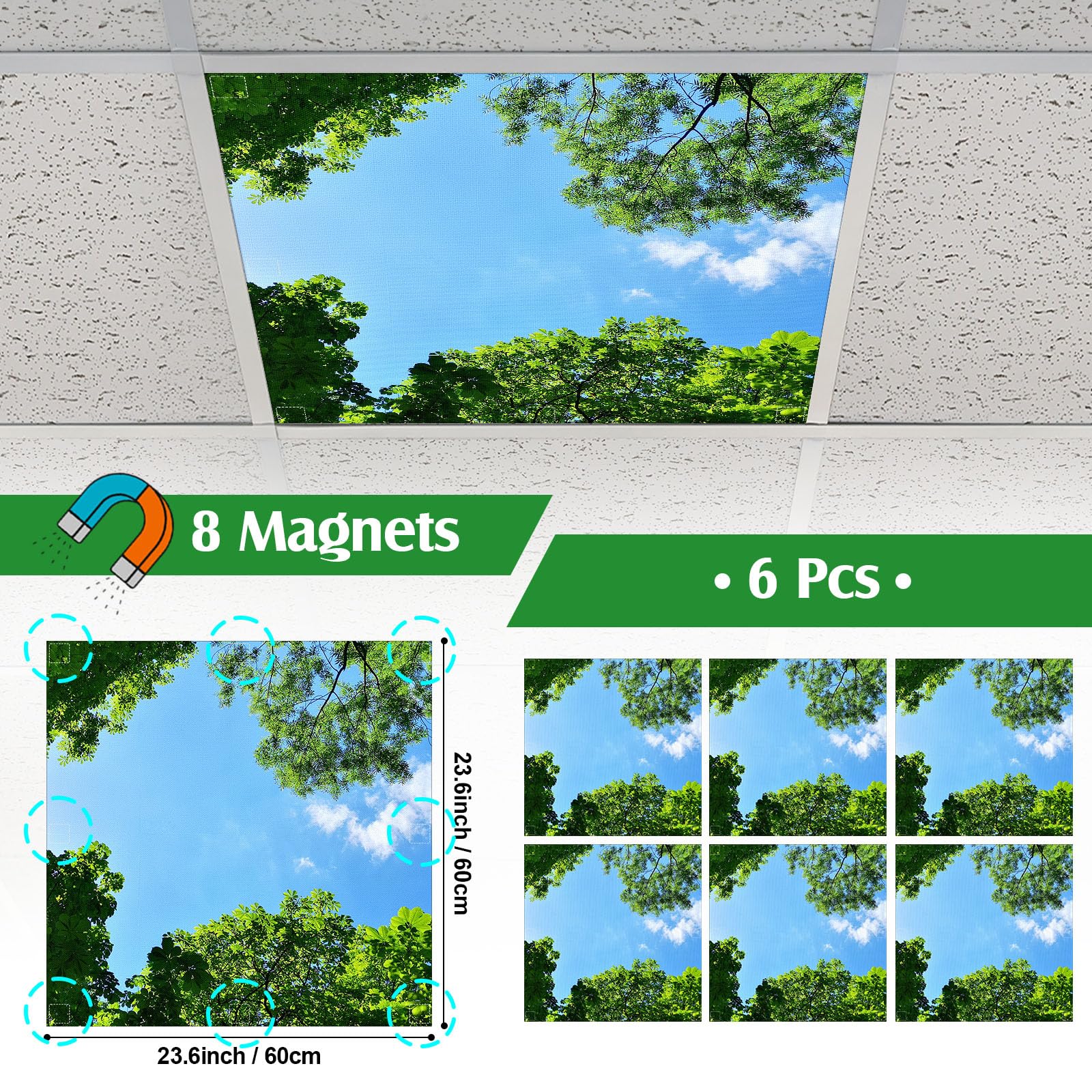 Kittmip 6 Pcs Fluorescent Light Covers with 48 Magnets, 2 ft, 100D Polyester, Green/Blue/White
