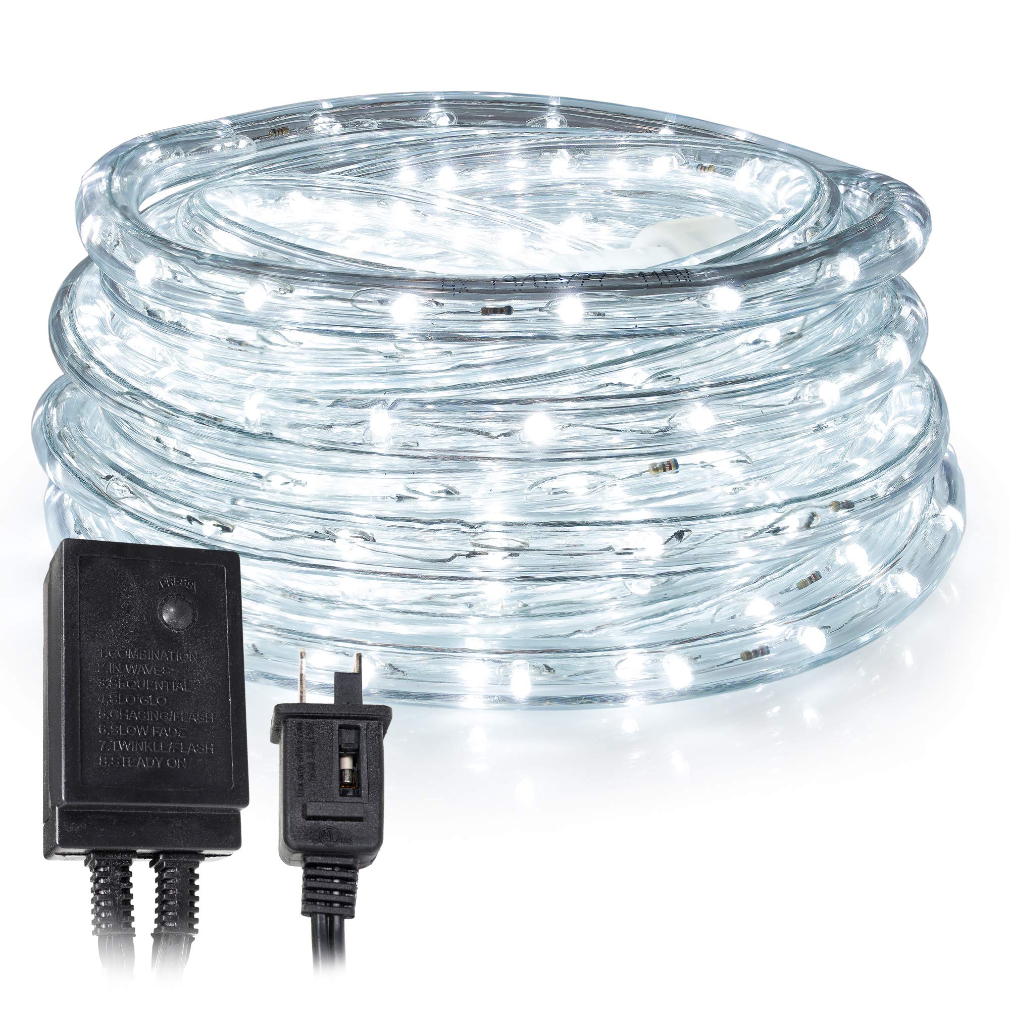 West Ivory 648LEDs, 60ft Cool White LED Rope Light w/ 8 Mode 1/2" Thick, Controller Connectable Outdoor Permanent Waterproof Accent Exterior Lighting, ETL Certified, Holiday Christmas Backyard Decor
