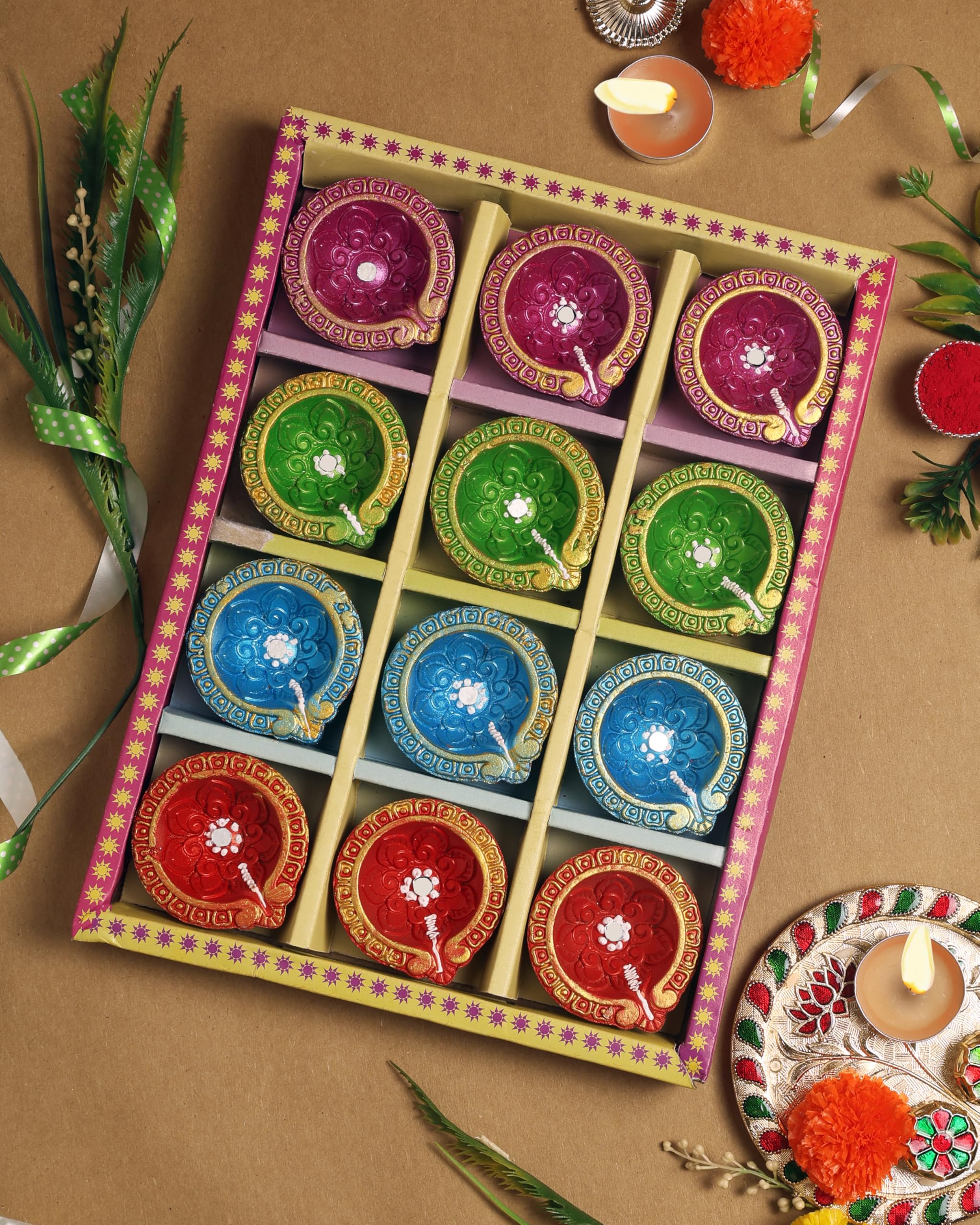 Handmade Leaf Terracoaat Set of 12 Multicolor Clay Diya for Diwali/Navratri Decorations Oil Lamp Diwali Clay Diya Tea Light Hold