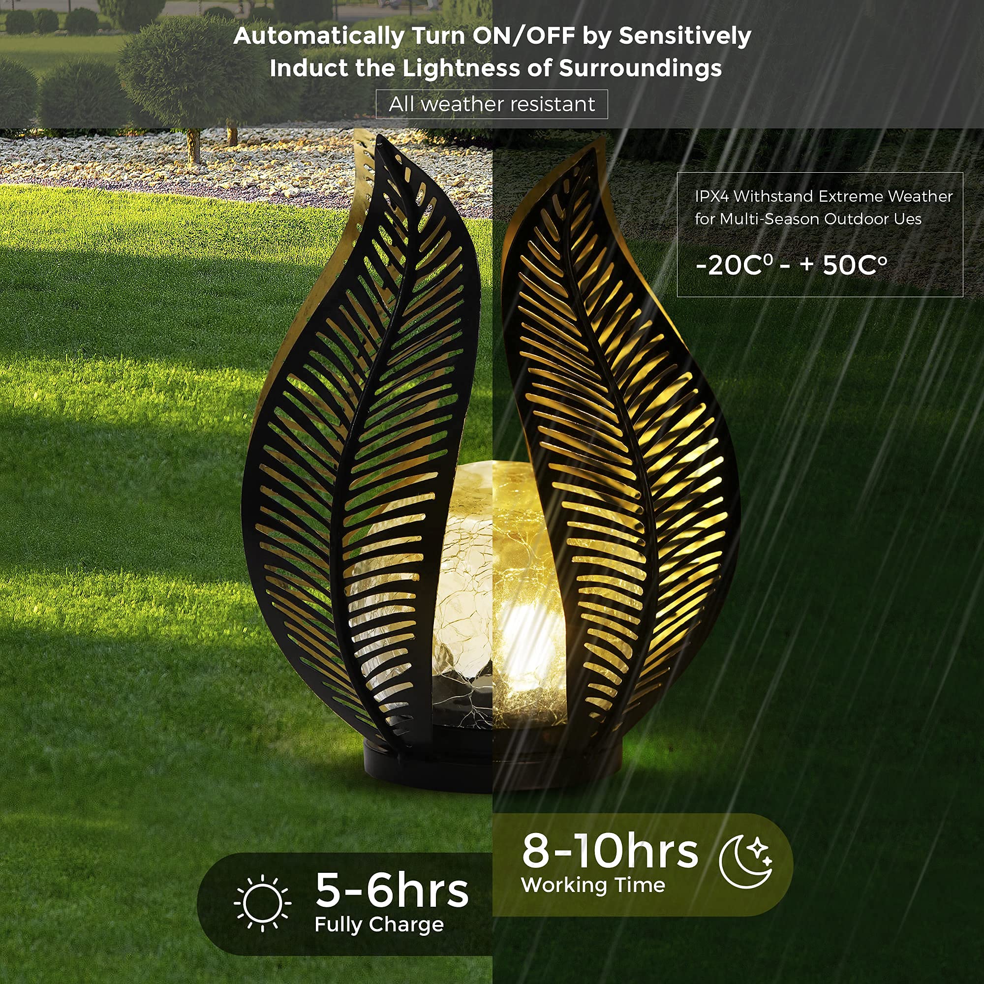 Qzge Solar Garden Lights - Waterproof Crackle Globe Glass, Metal Palm Leaf For Outdoor Decor