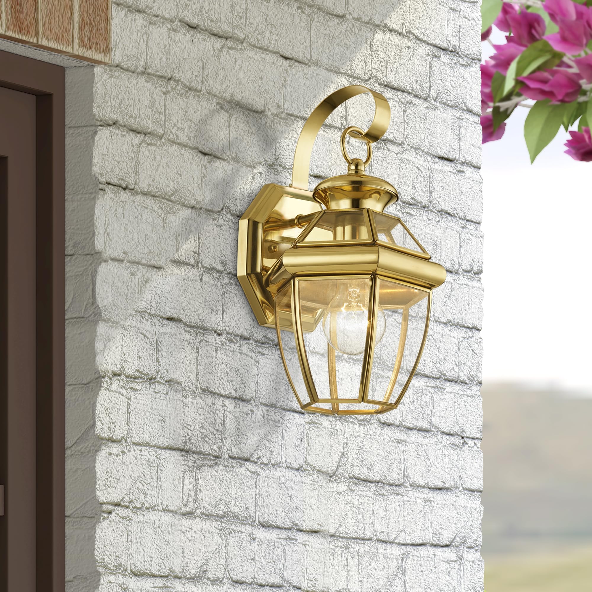 Livex Lighting 2051-02 Monterey 1 Light Outdoor Polished Brass Finish Solid Brass Wall Lantern With Clear Beveled Glass, Gold