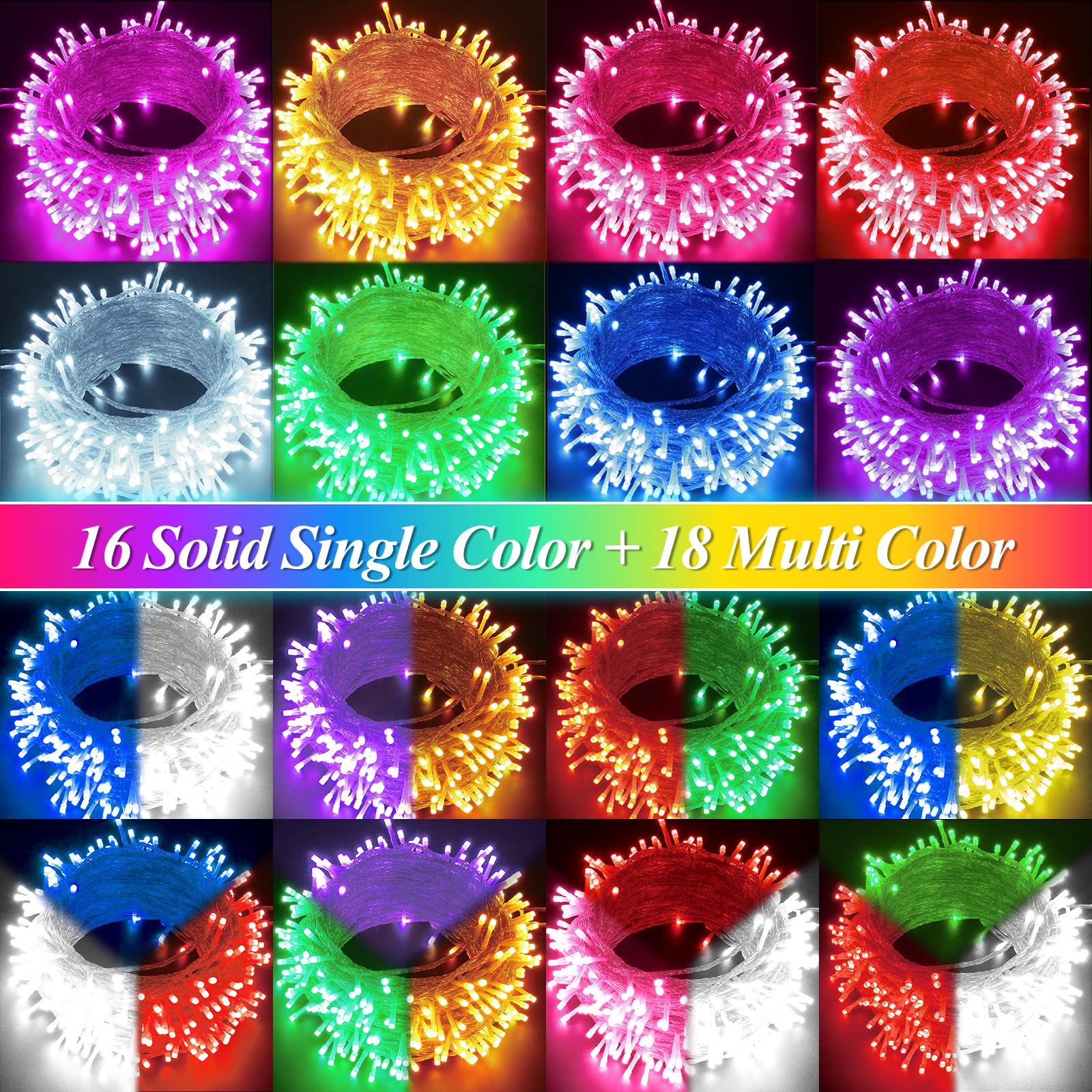 Pooqla Color Changing Christmas Lights, 200 LED Battery Powered String Lights, 66.6 FT, RGB with Remote, 2 Pack