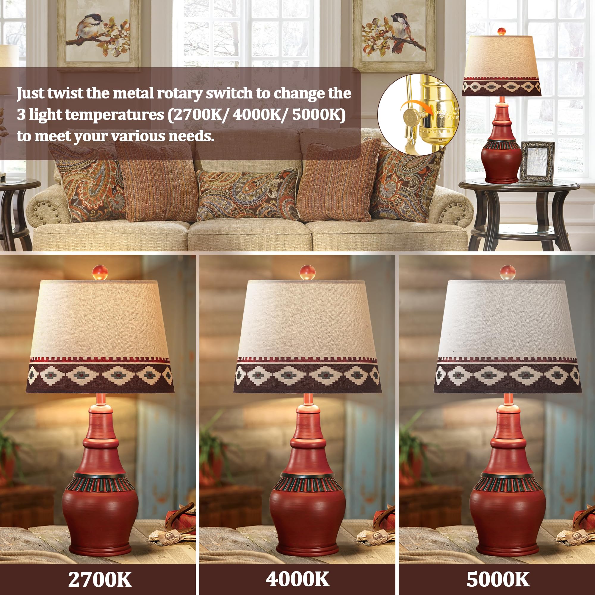 Hamucd Set Of 2 Western Rustic Table Lamps For Living Room 3-Color Temperature Dimmable Southwest Farmhouse Bedside Lamps For Be