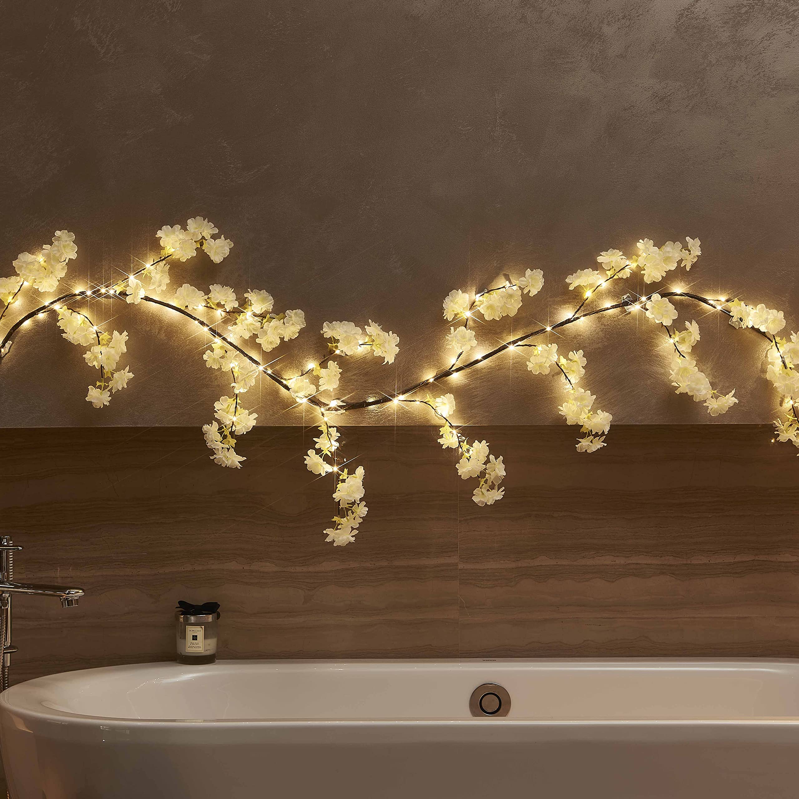 Hairui Lighted Garland - 6FT White Cherry Blossom Fairy Lights, Battery Operated, Timer for Home Decoration, Wedding, Party
