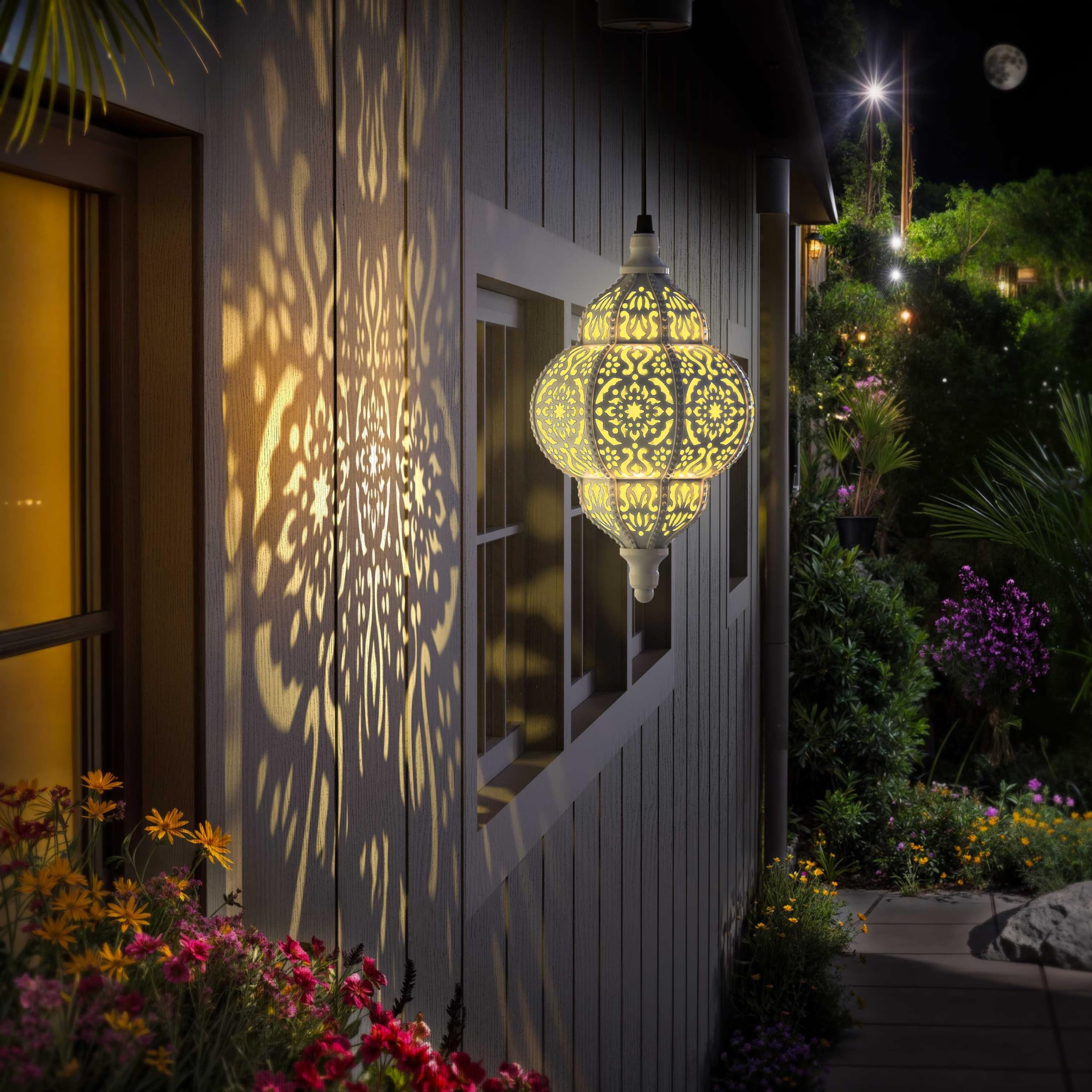 Hapjoy Hanging Solar Lantern - Waterproof Plastic Moroccan Outdoor Decor for Garden, Patio, Pathway - White, Model ZB-520