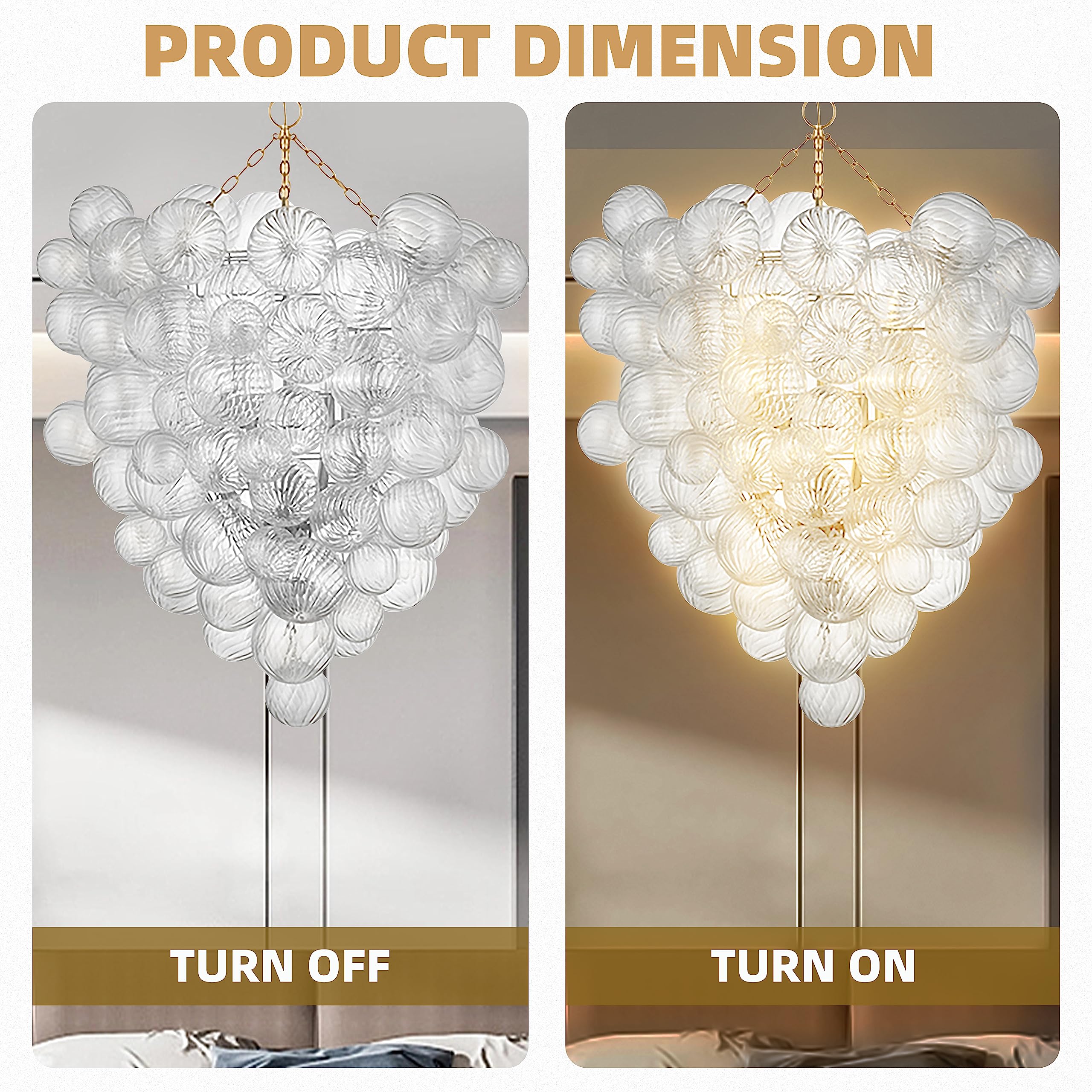 Longree Mid Century Bubble Ball Swirled Glass Chandelier, 2-Layer Cages Gild Gold And Clear Blown Glass Large Pendant Light Fixt