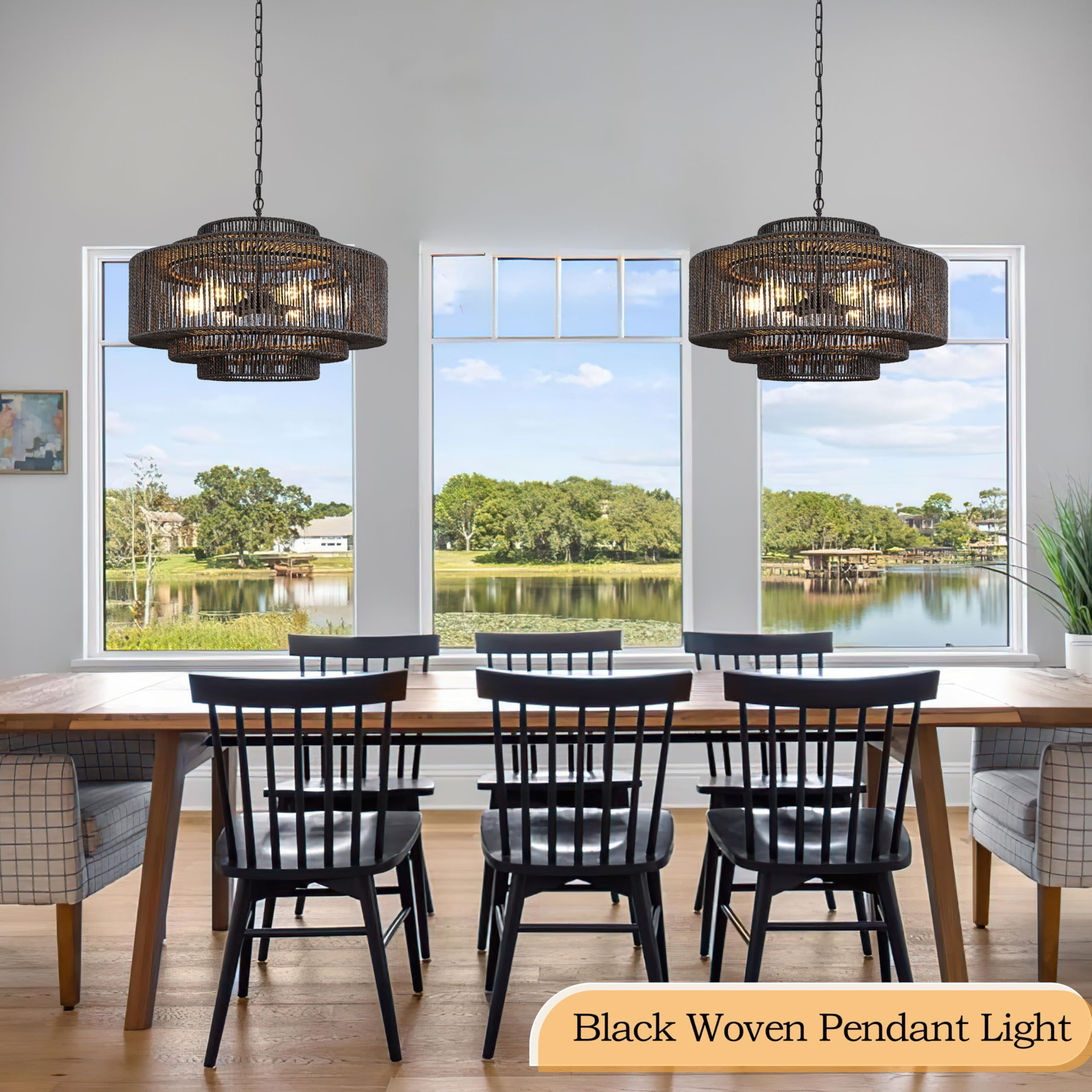 Bagood 24'' Rattan Pendant Light Black Rattan Chandelier Light Fixture 3-Tier Hand-Woven Rattan Chandelier Wicker Pendant Light