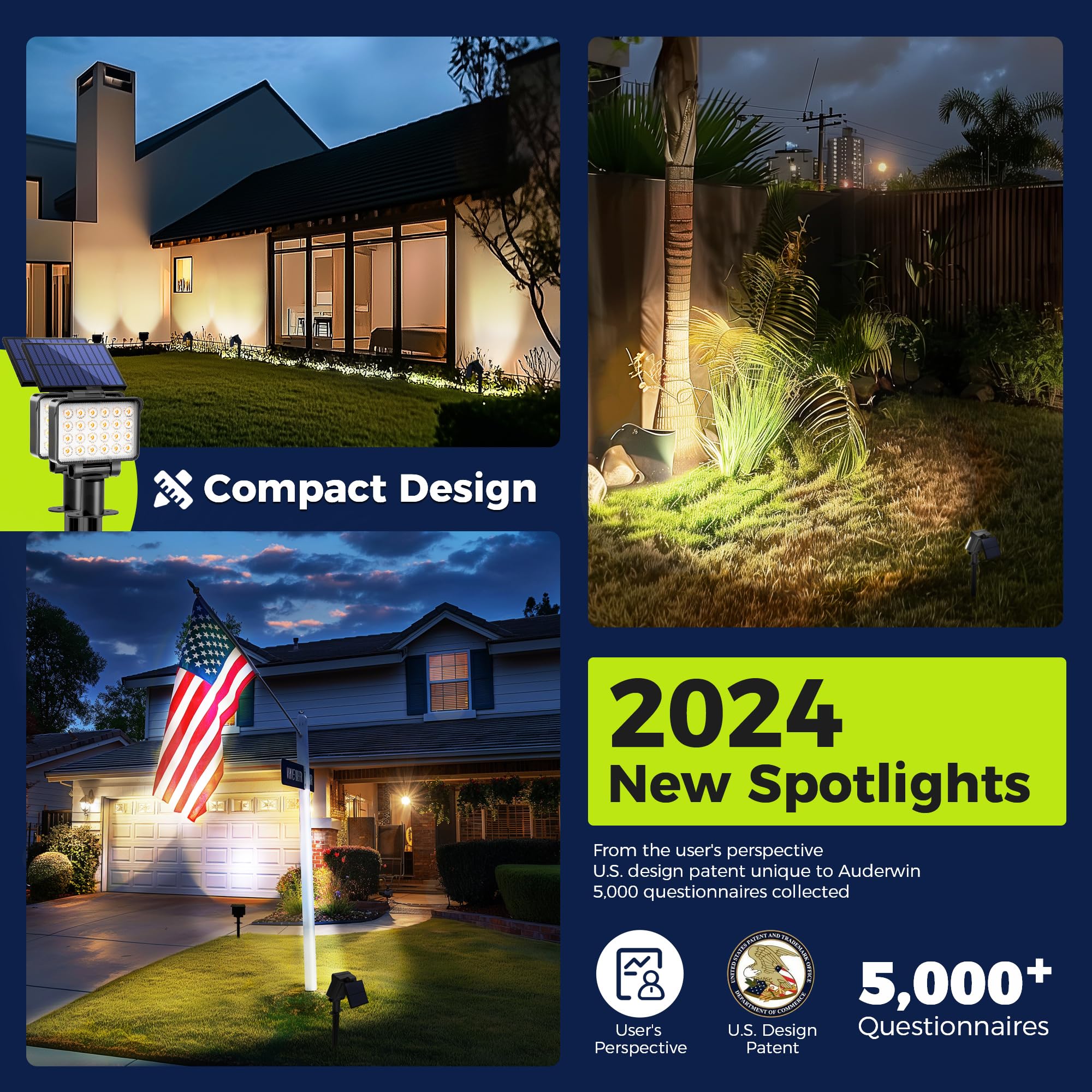 AUDERWIN Solar Spot Lights Outdoor Waterproof 4 Pack Natural Light Model 9792 for Garden, Yard, Tree, House, Landscape Uplighting