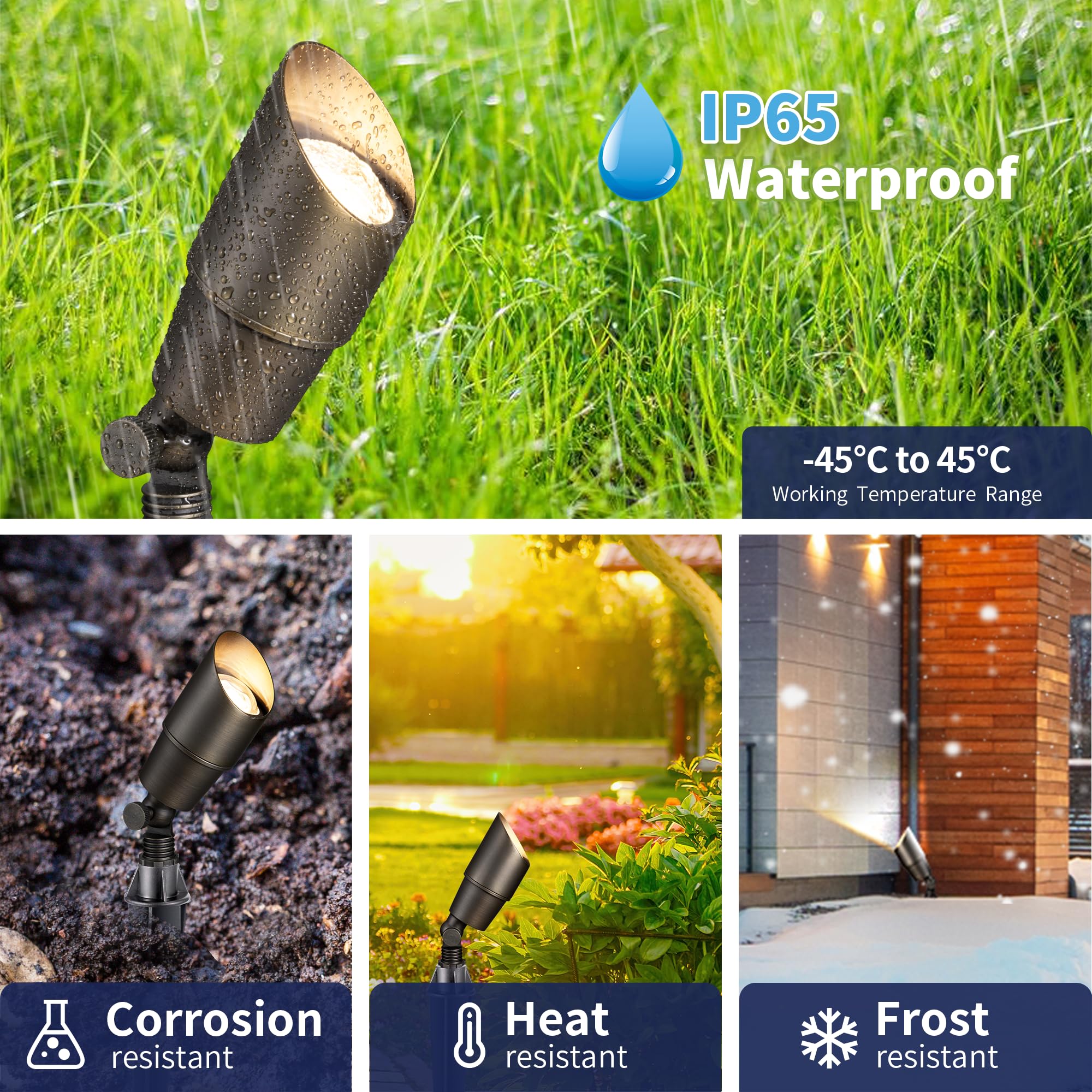 Gardenreet Brass Landscape Lighting - 12V Waterproof Spotlights, 5W MR16 Bulb, 4-Pack, Antique Bronze