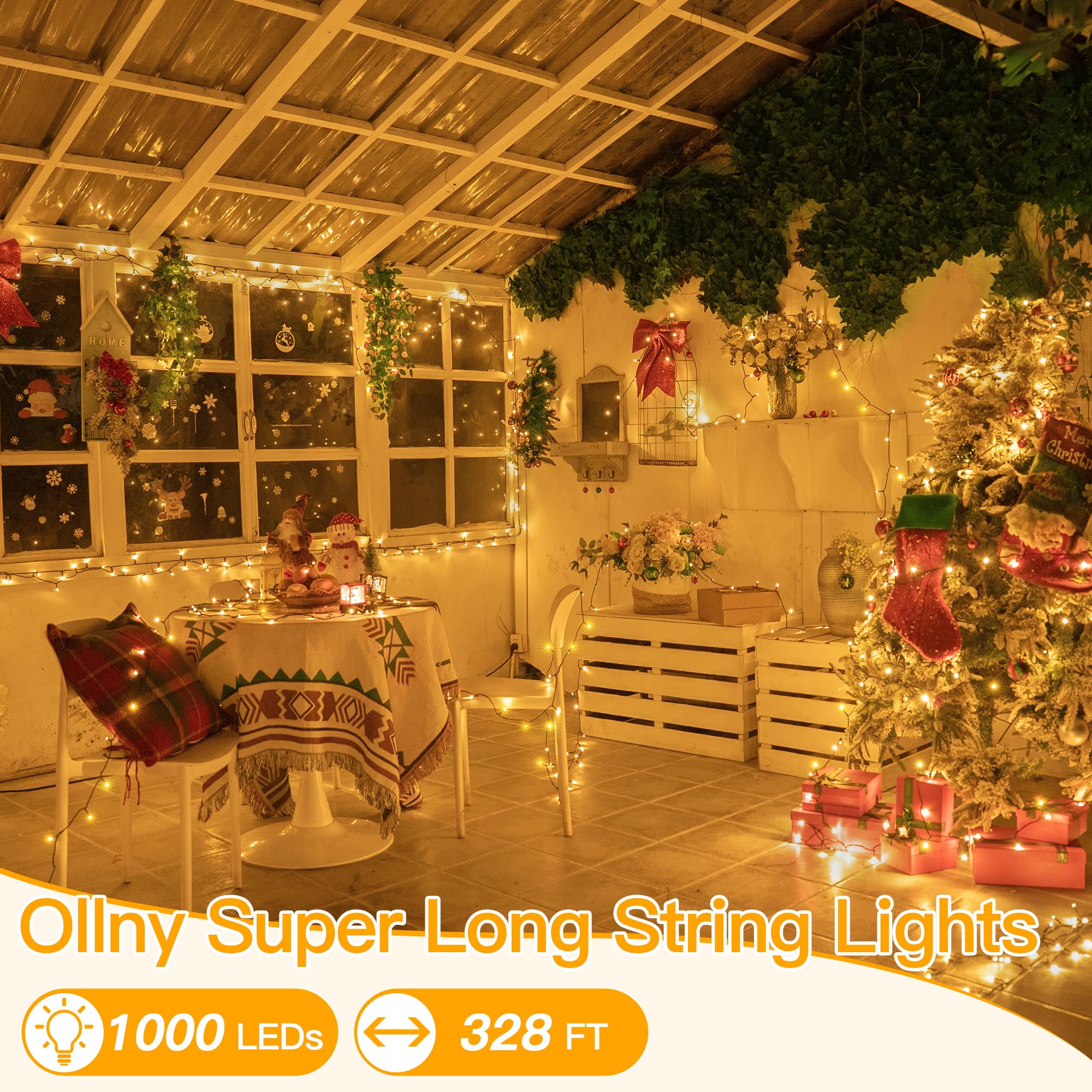 Ollny Christmas Lights 1000 LED 328FT Outdoor Warm White IP44 Waterproof with Remote Timer - Model NYA1000A