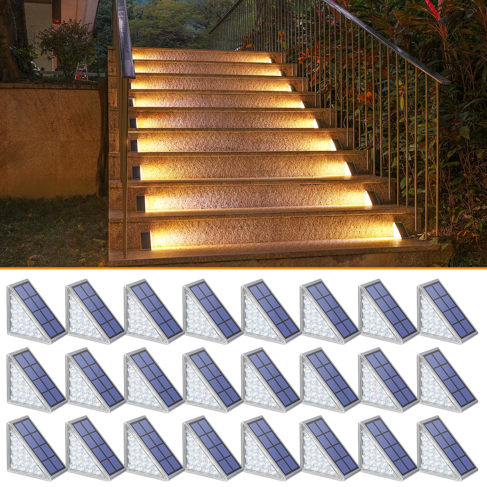 NIORSUN Outdoor Step Lights, 24 Pack Warm White Solar Stair Lights, Waterproof IP67, Model ABE110-A