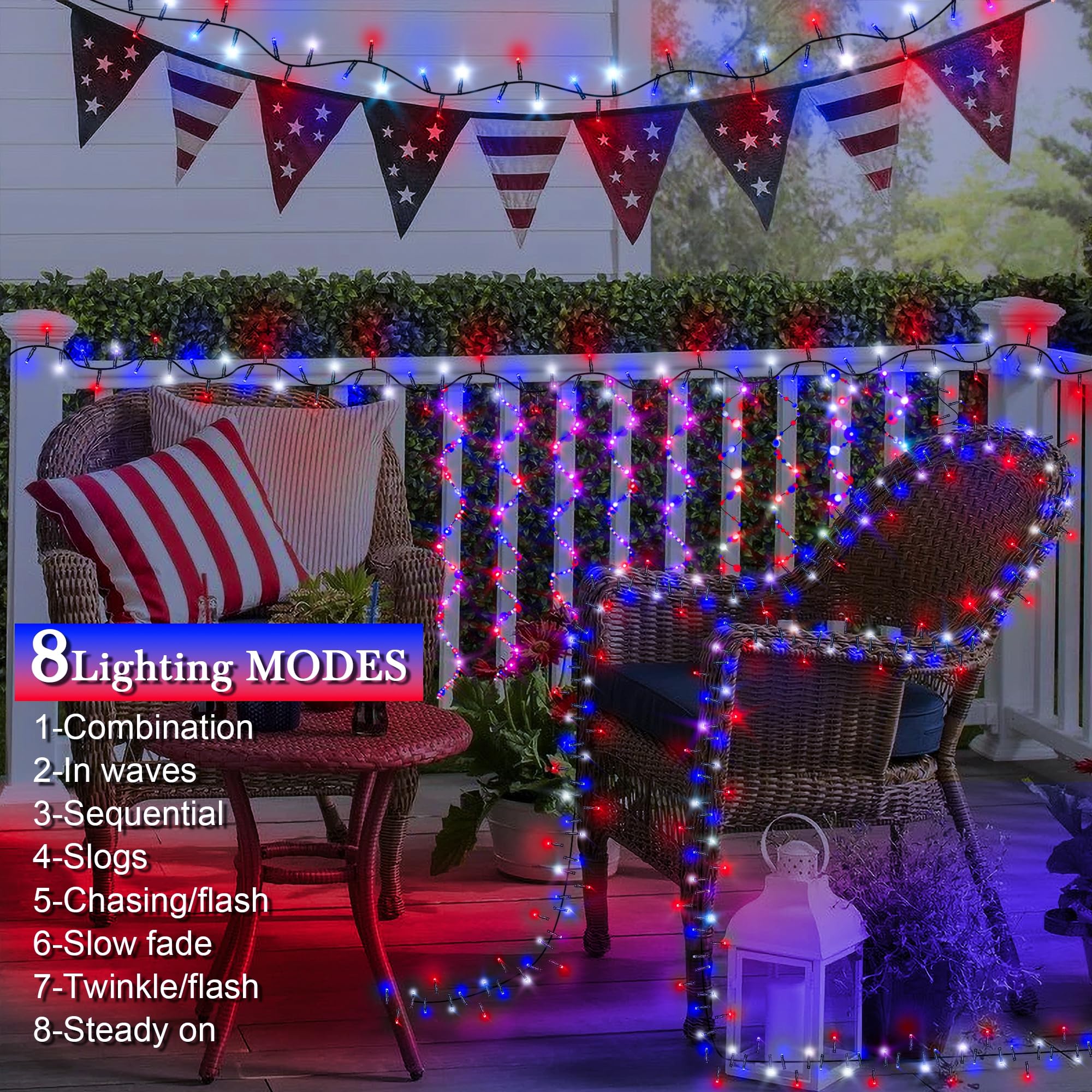 kemooie 500 LED Outdoor String Lights - Red, White & Blue - 8 Modes, Waterproof - 4th of July & Memorial Day Decor