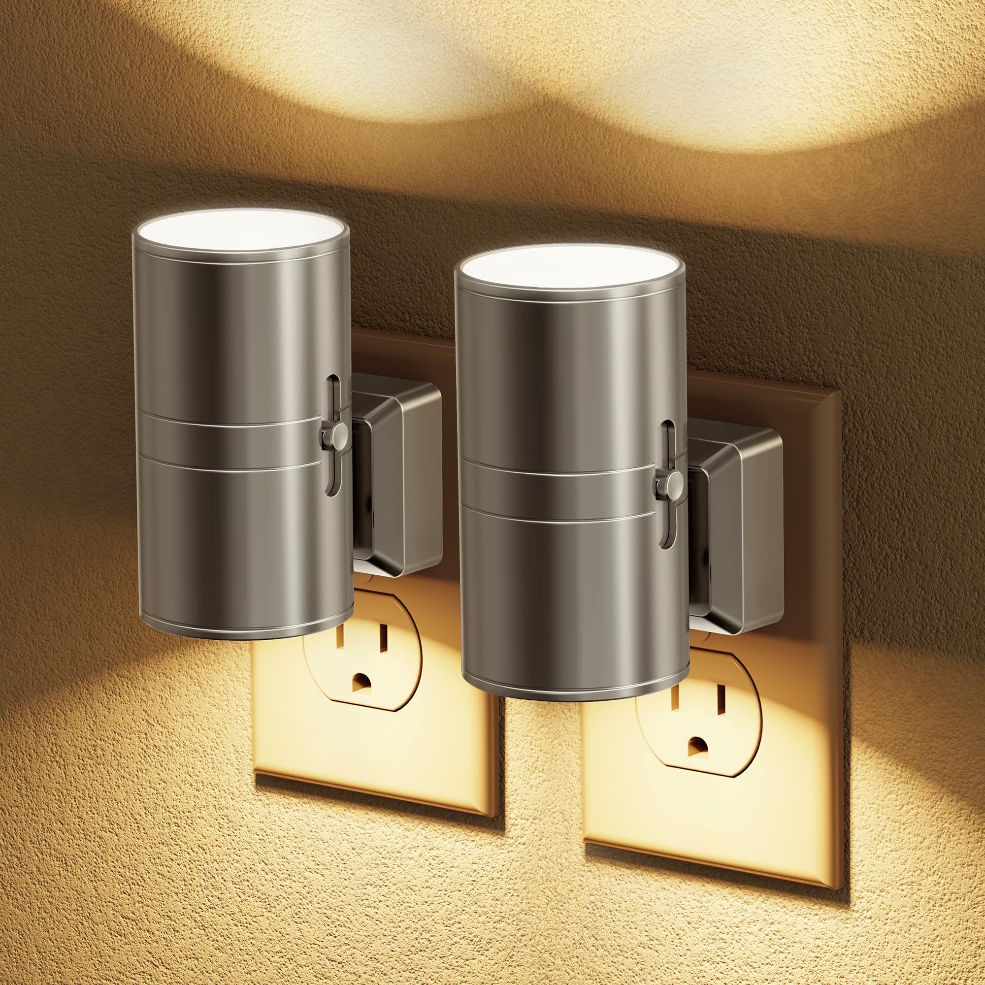 JandCase LED Night Lights, 2 Pack Dimmable Automatic with Light Sensor, 3000K Soft White, Silver, Model C-GY06302SIUS-2