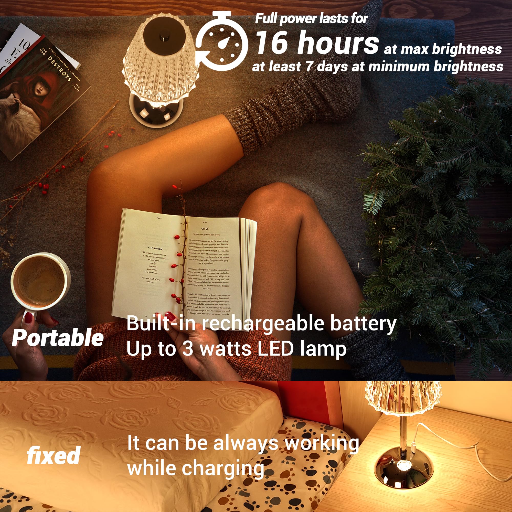 Amingulry Cordless Table Lamp, 4000mAh Rechargeable, 3 Color Modes, Stepless Dimmable, Small, Silver Chrome