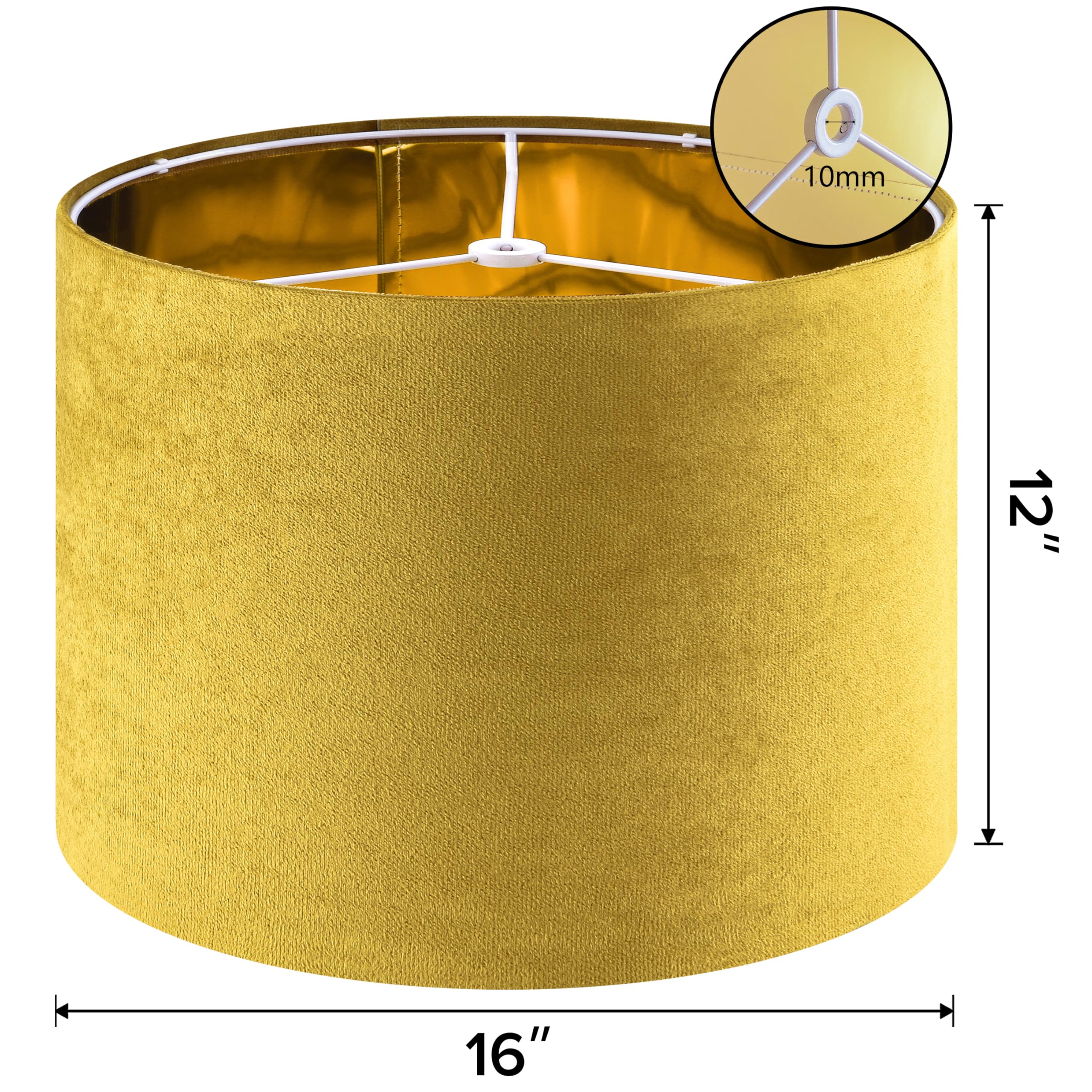 GO&SO Large Drum Velvet Lamp Shade, 16in Top x 16in Bottom x 12in High, Yellow, Handcrafted, Model G7-16-YE-1