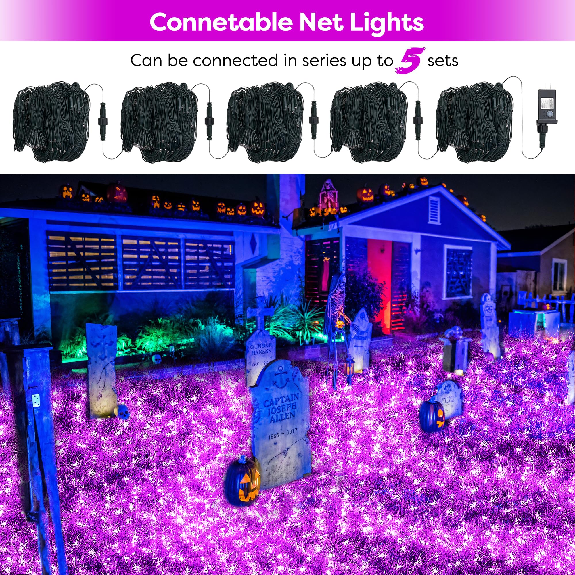 Wbao Halloween Net Lights, 200Led 8.4Ft X 5.2Ft Purple Halloween Lights With 8 Modes, Timer, Connectable, Waterproof & Sturdy Dark Green Wire For Lawn, Bushes, Trees, Outdoor Halloween Decorations