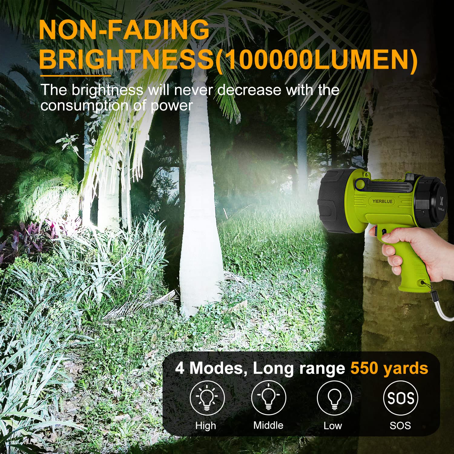 YIERBLUE Rechargeable Spotlight Flashlight, 300000 Lumen LED, IP67 Waterproof, Model YBN-20000F, Fluorescent-Pro, Impact Resistant