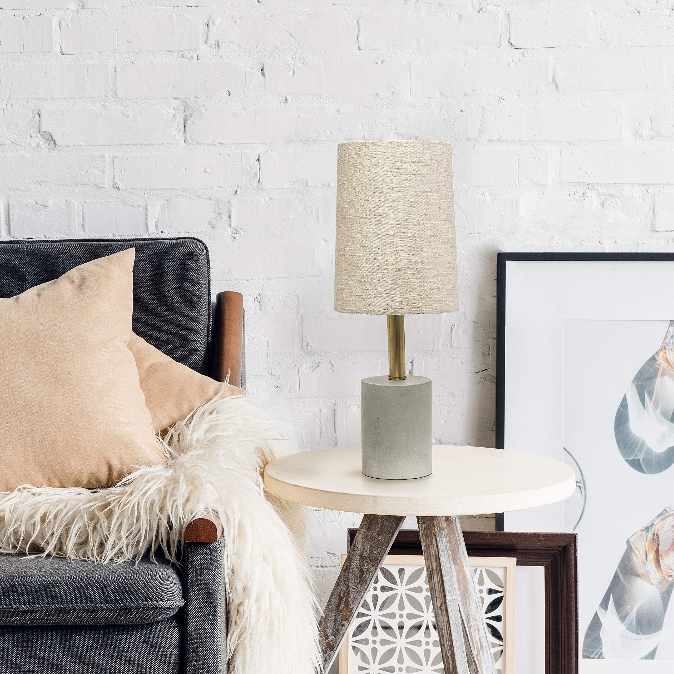 Elegant Designs LT3314-KHK Cement Table Lamp, Antique Brass Detail, Khaki Color, Modern Home Decor Lighting