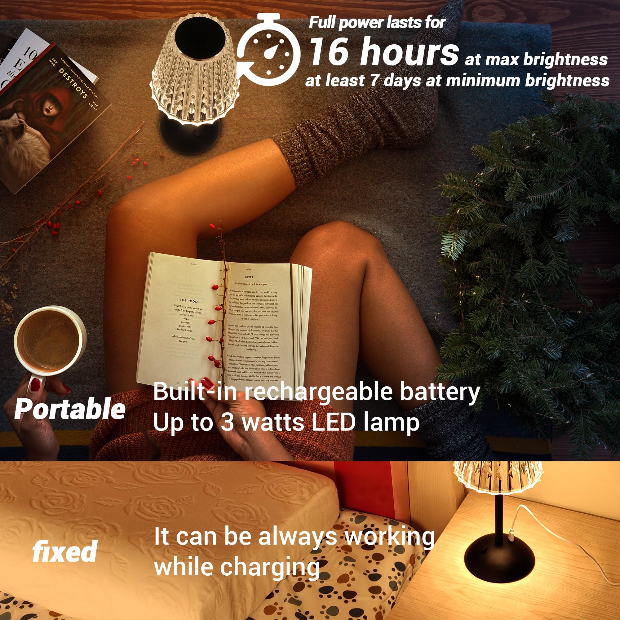 Amingulry Cordless Table Lamp, 4000mAh Rechargeable, 3 Color Modes, Dimmable LED, Portable, Black Modern Design