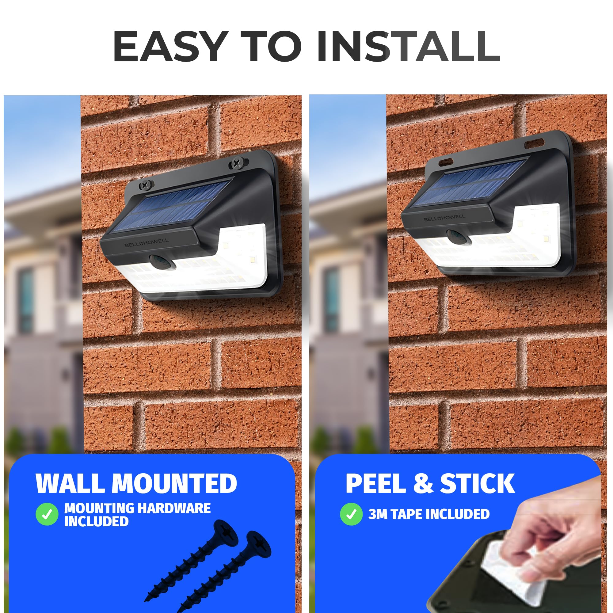 Bell+Howell 2 Pack LED Solar Wall Lights Outdoor 600 Lumen, Super Bright Solar Security Lights Outdoor with Motion Sensor, 270 W