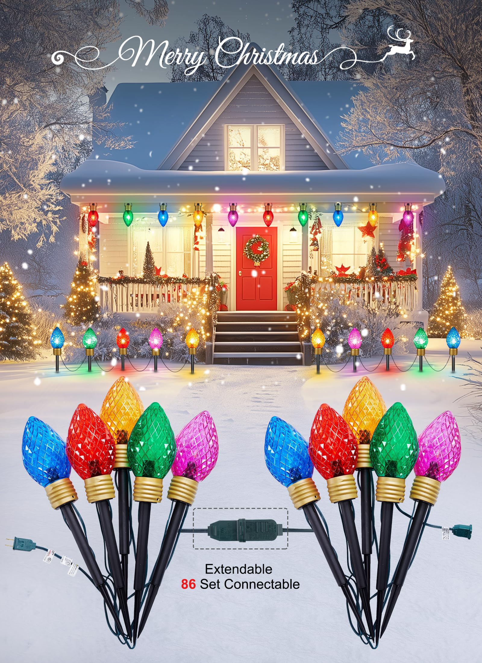 Brightown Strawberry Jumbo C9 Christmas Pathway Lights Outdoor - 2 Pack Total 17Ft 10 Led C9 Walkway Lights, Multicolor Bulb Hol
