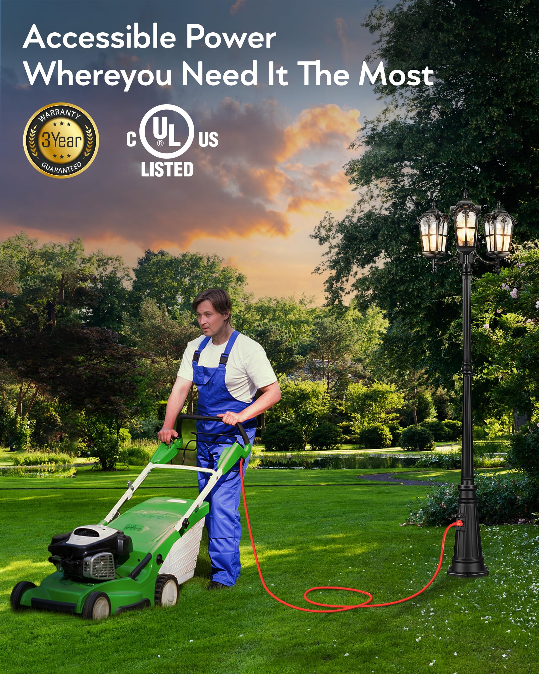 Vianis 3-Head Outdoor Lamp Post Light Fixture With Outlet, Black Dusk Dawn Lamp Posts Outdoor Lighting, Waterproof Anti-Rust Alu