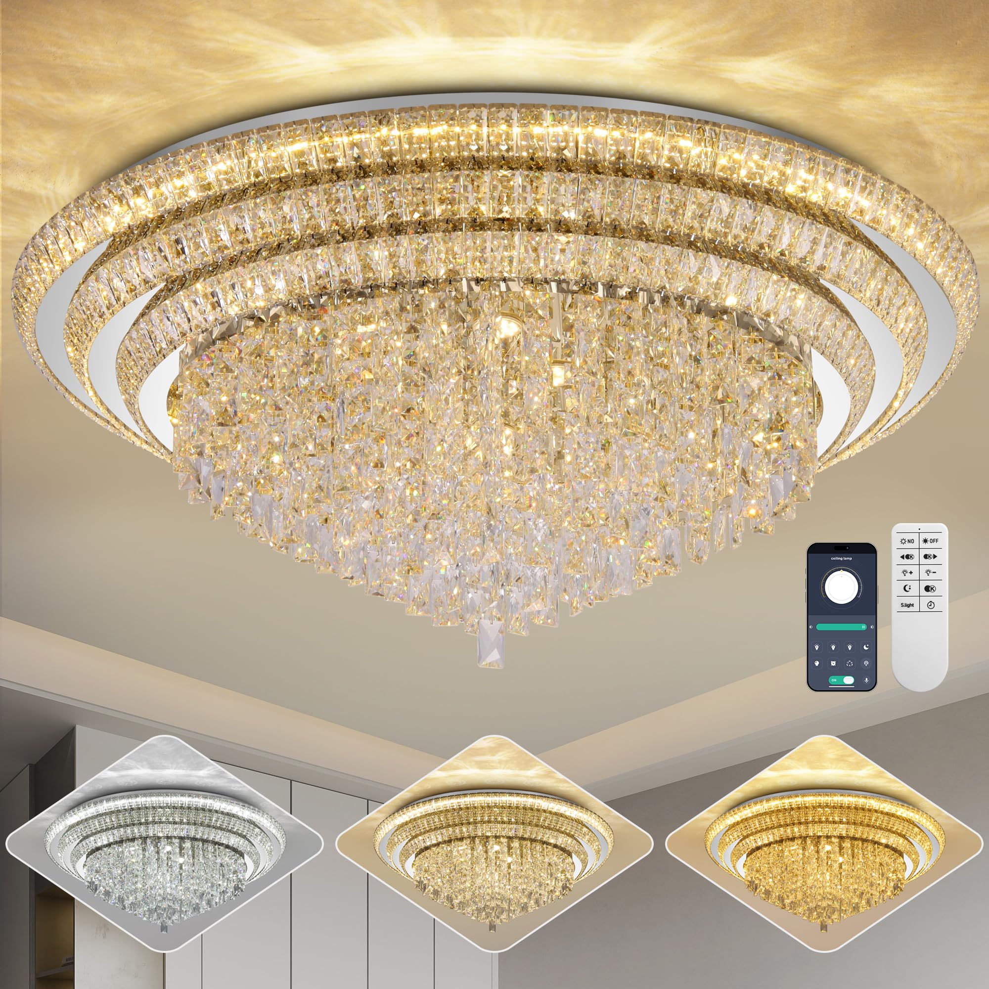 40 inch Crystal Silver Ceiling-Light Flush Mount with Remote Control and APP, 3CCT Dimmable & Brightness Adjustable, Modern Crys