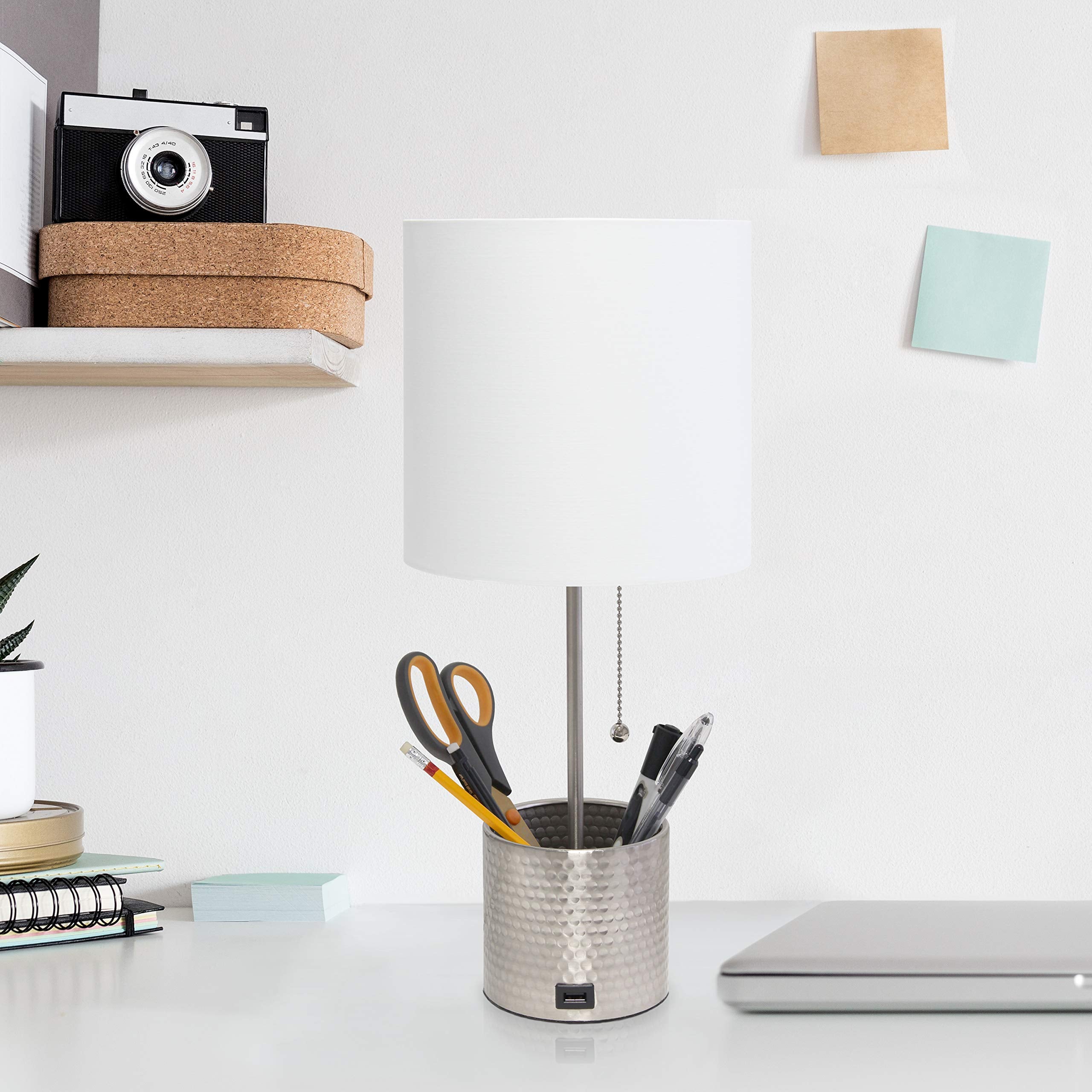 Simple Designs Lt1085-Bsn Hammered Metal Organizer Table Lamp With Usb Charging Port And Fabric Shade, Brushed Nickel