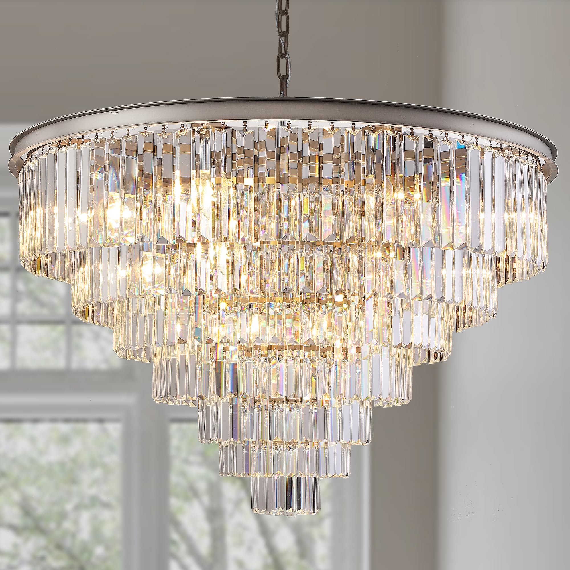 Meelighting Nickle Crystal Chandelier Modern Chandeliers Lighting Pendant Ceiling Light Fixture 7-Tier For Dining Living Room Kitchen W39