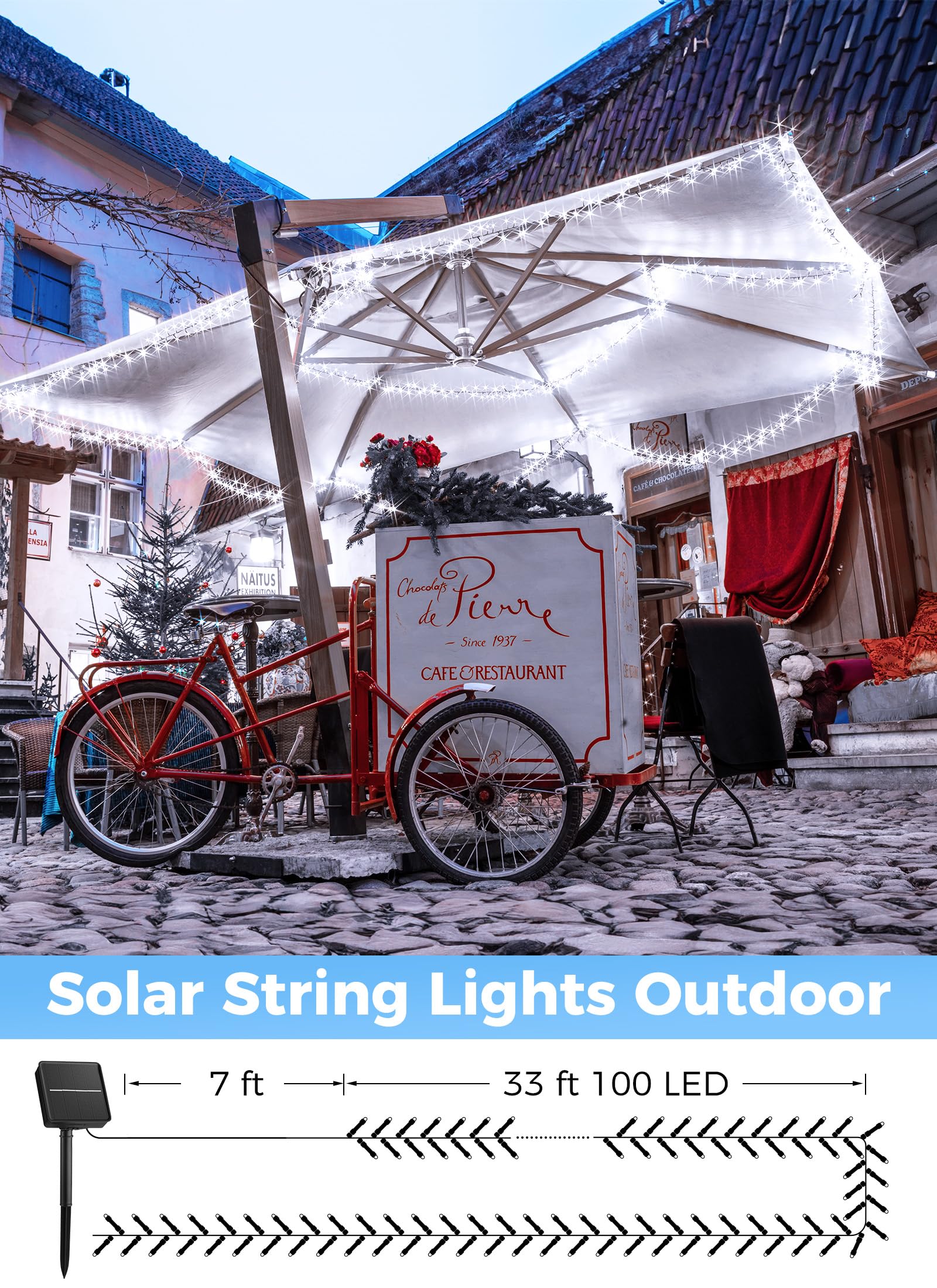 Minetom Solar String Lights Outdoor - 40Ft 100 Led String Lights Solar Powered With 8 Lighting Modes, Waterproof Patio Lights, Outdoor Solar Lights For Outside Tree Garden Balcony Gazebo, Pure White