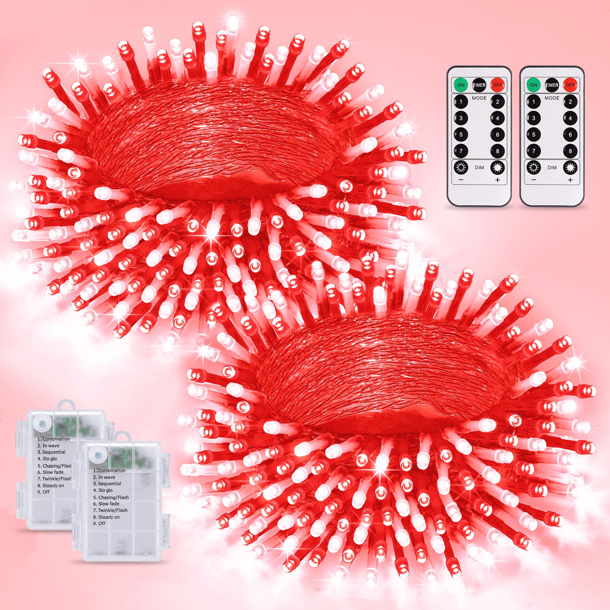 JMEXSUSS Battery String Lights, 2 Pack, 100 LED, 33ft, Red & White, Remote Controlled
