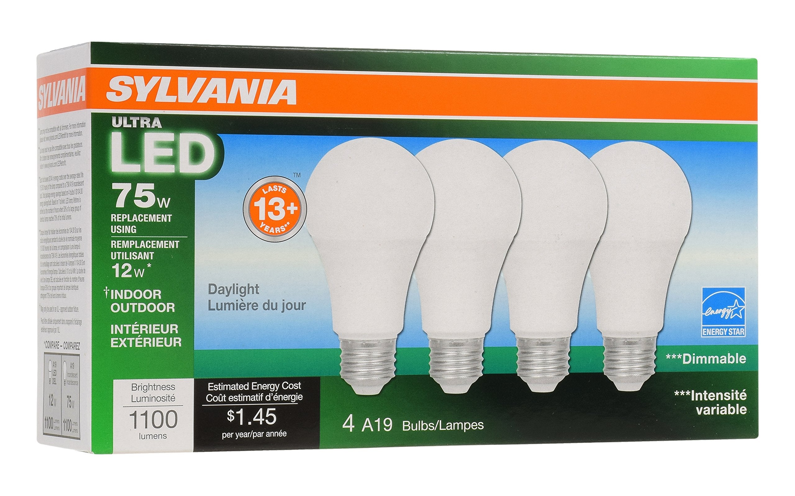 LEDVANCE SYLVANIA A19 Ultra LED Light Bulb, 12W, Dimmable, 1100 Lumens, 5000K Daylight, 4 Pack, Plastic,