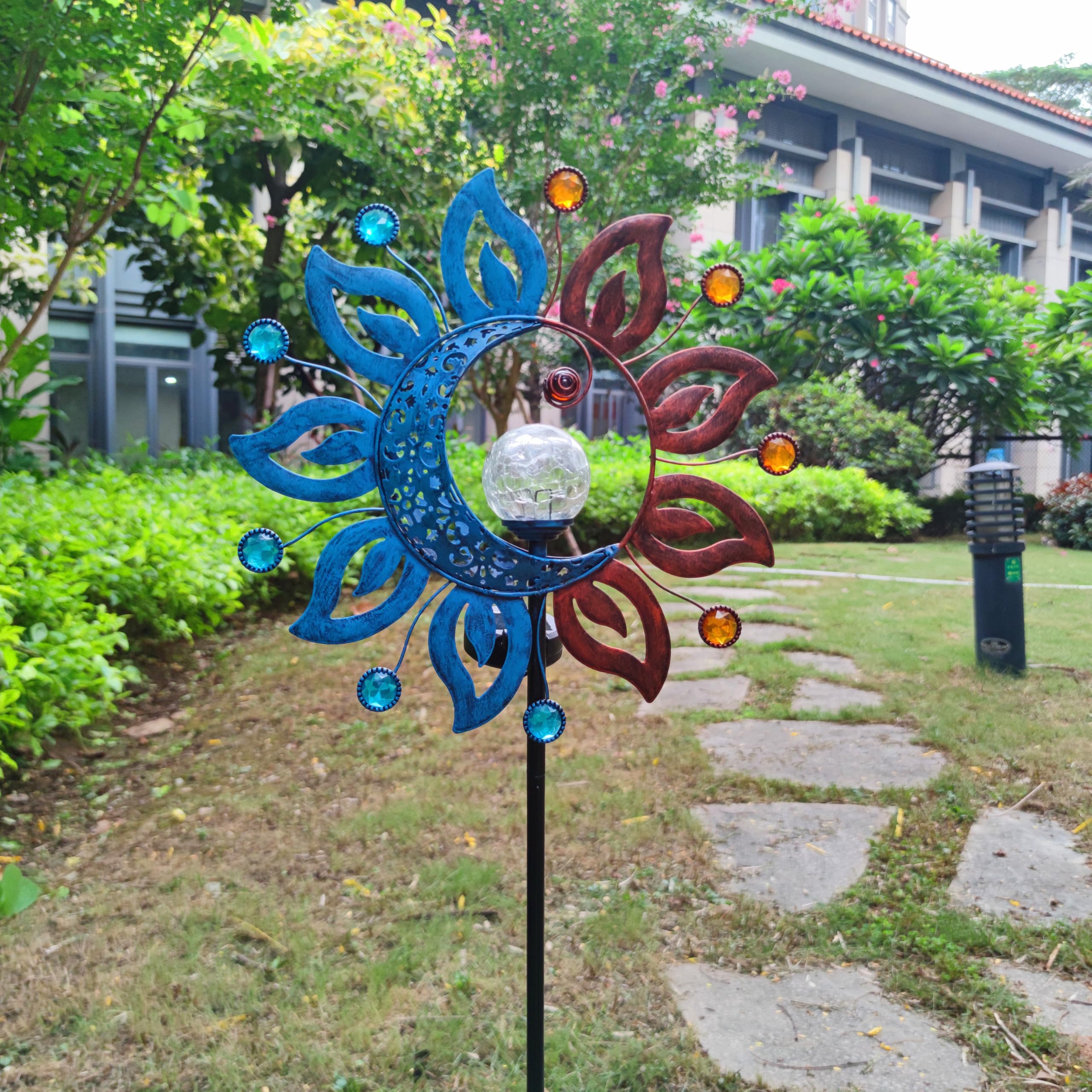 Qobumy Sun Moon Solar Lights Garden Stake Outdoor Decoration,Sun Moon Crackle Glass Globe Solar Metal Stake Light, Waterproof Le