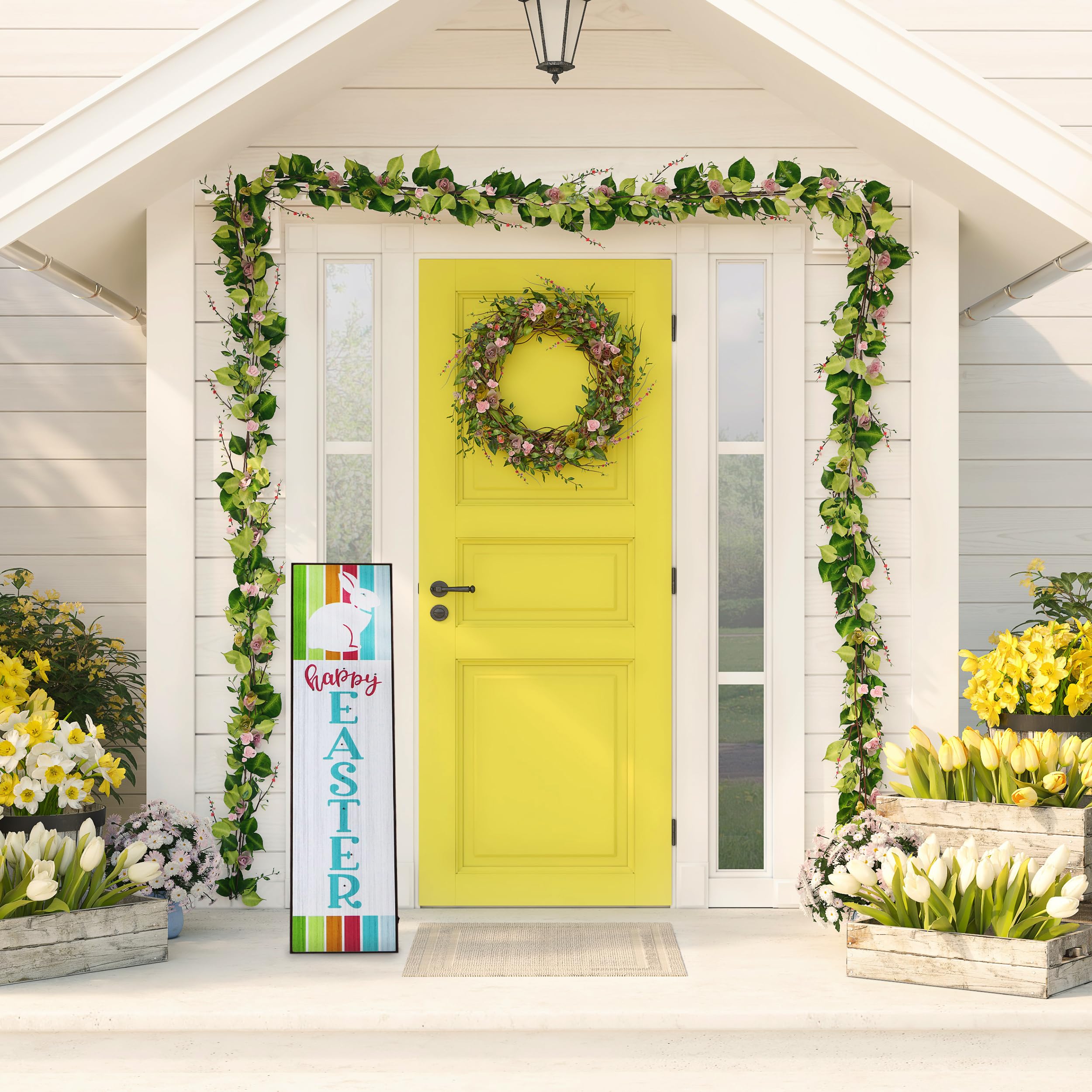 Fraser Hill Farm 45" Happy Easter Porch Leaner Sign With Bunny And 10 Battery-Operated Led Lights, Easter Decorations For The Home, Indoor & Outdoor Festive Spring Decor, Multi-Color Stripes