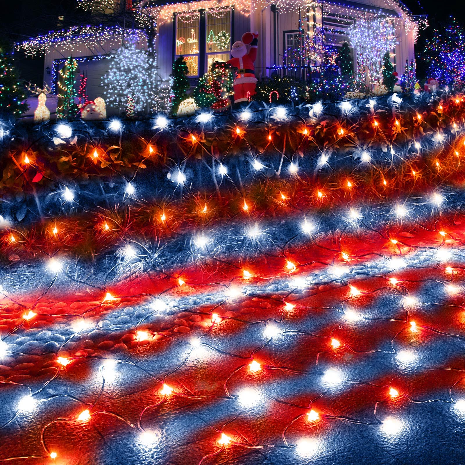 Pooqla Christmas Net Lights, 300 LED Outdoor Fairy String Lights, 14.8x4.9 ft, Green Wire, Waterproof, Red and White