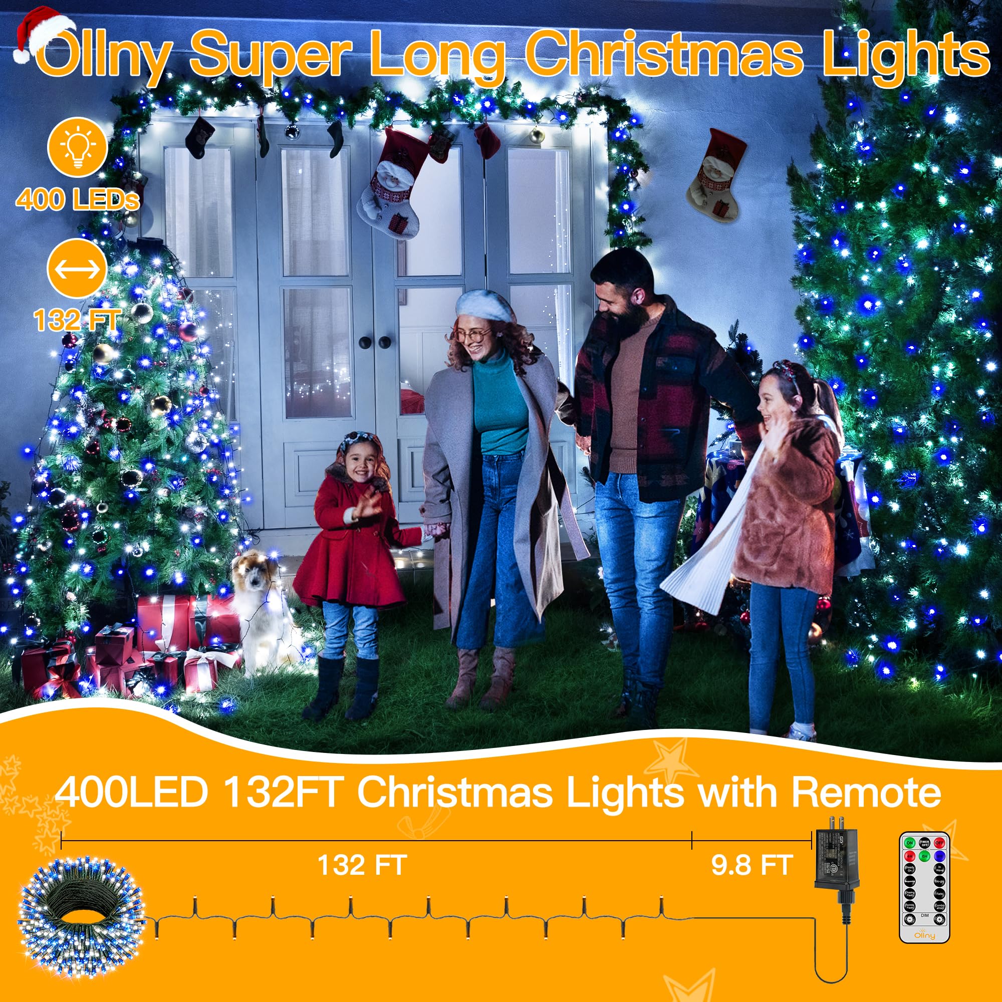 Ollny Christmas Lights - 400LED Blue & White String Lights, 131FT, Waterproof, 8 Modes, Remote for Indoor/Outdoor Decor, Model HG-29V415C
