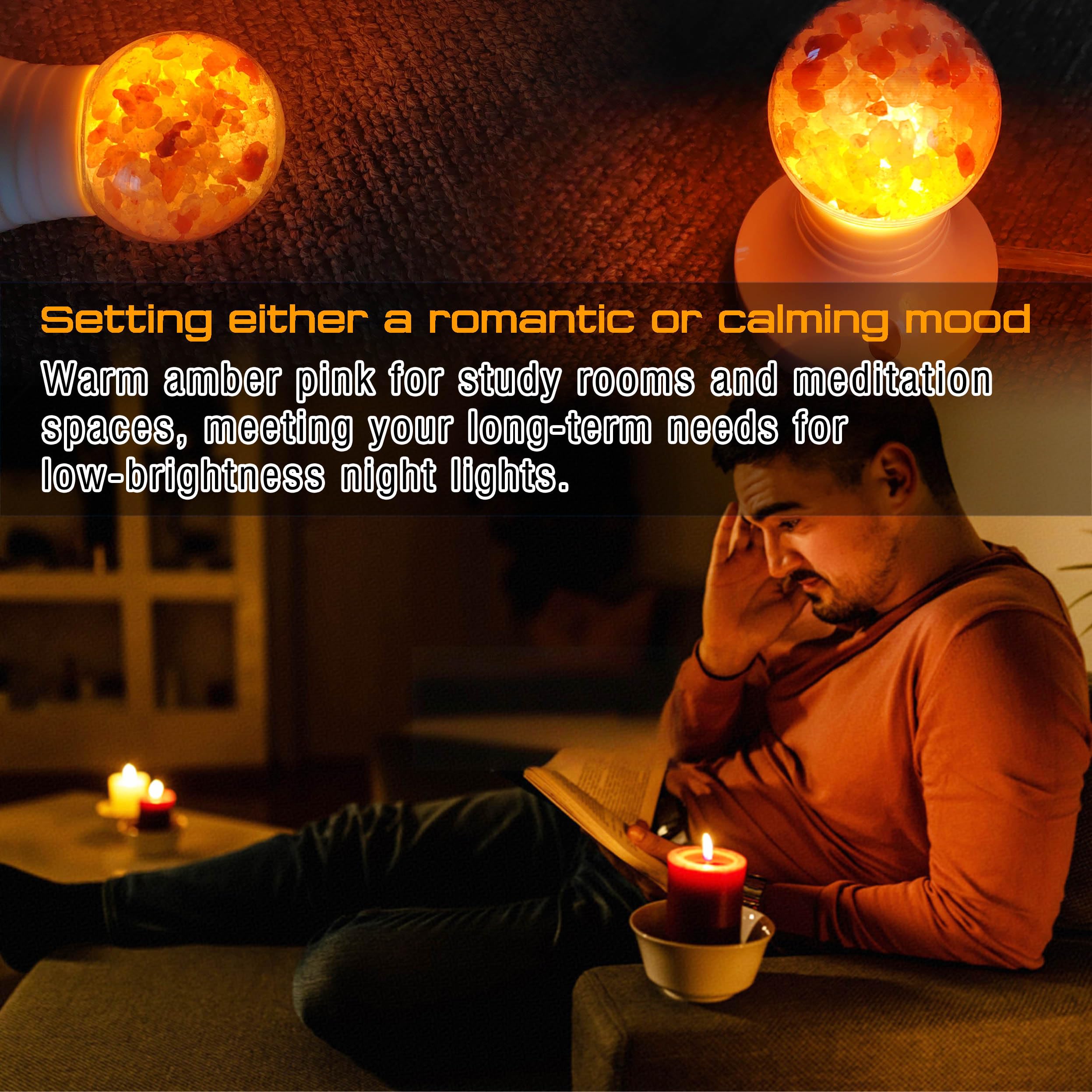 Elmoyle Himalayan Salt Lamp LED Light Bulbs, E26 2200K Warm Amber Pink, 3W Mood Lighting Night Light, E26 G45 Salt Rock Stress R