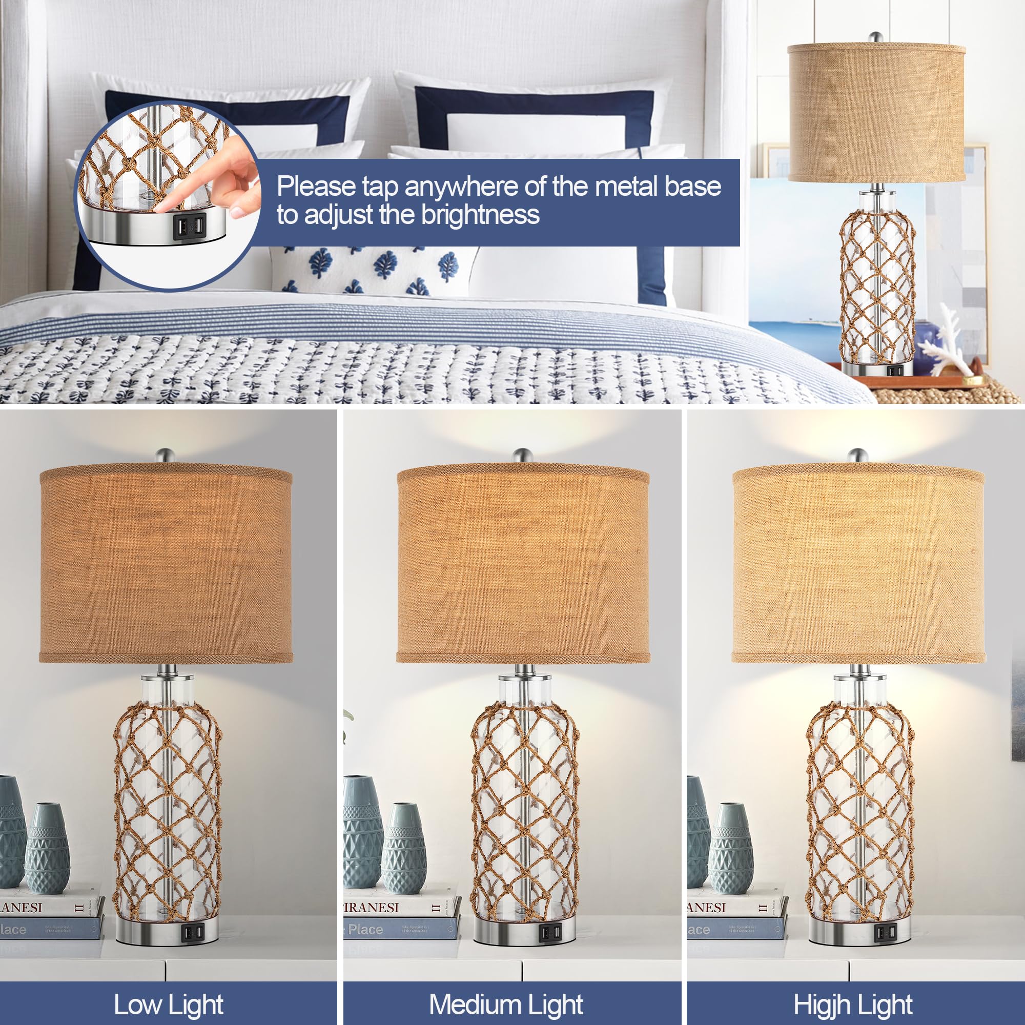 PARTPHONER Modern Coastal Table Lamp, Clear Glass, 3-Way Dimmable, 2 USB Ports, Model TL015C-BKLT